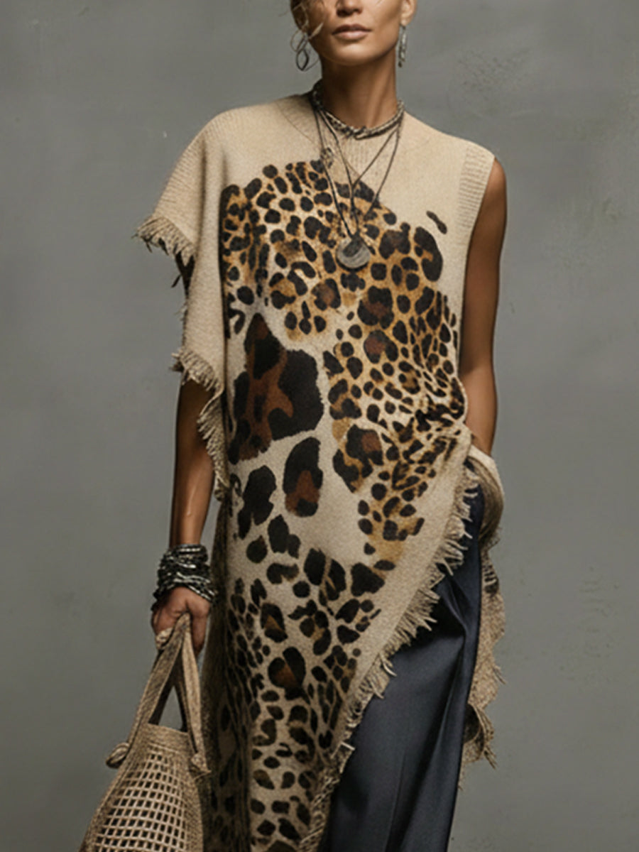 Coffee Leopard Asymmetric Knit Maxi Dress