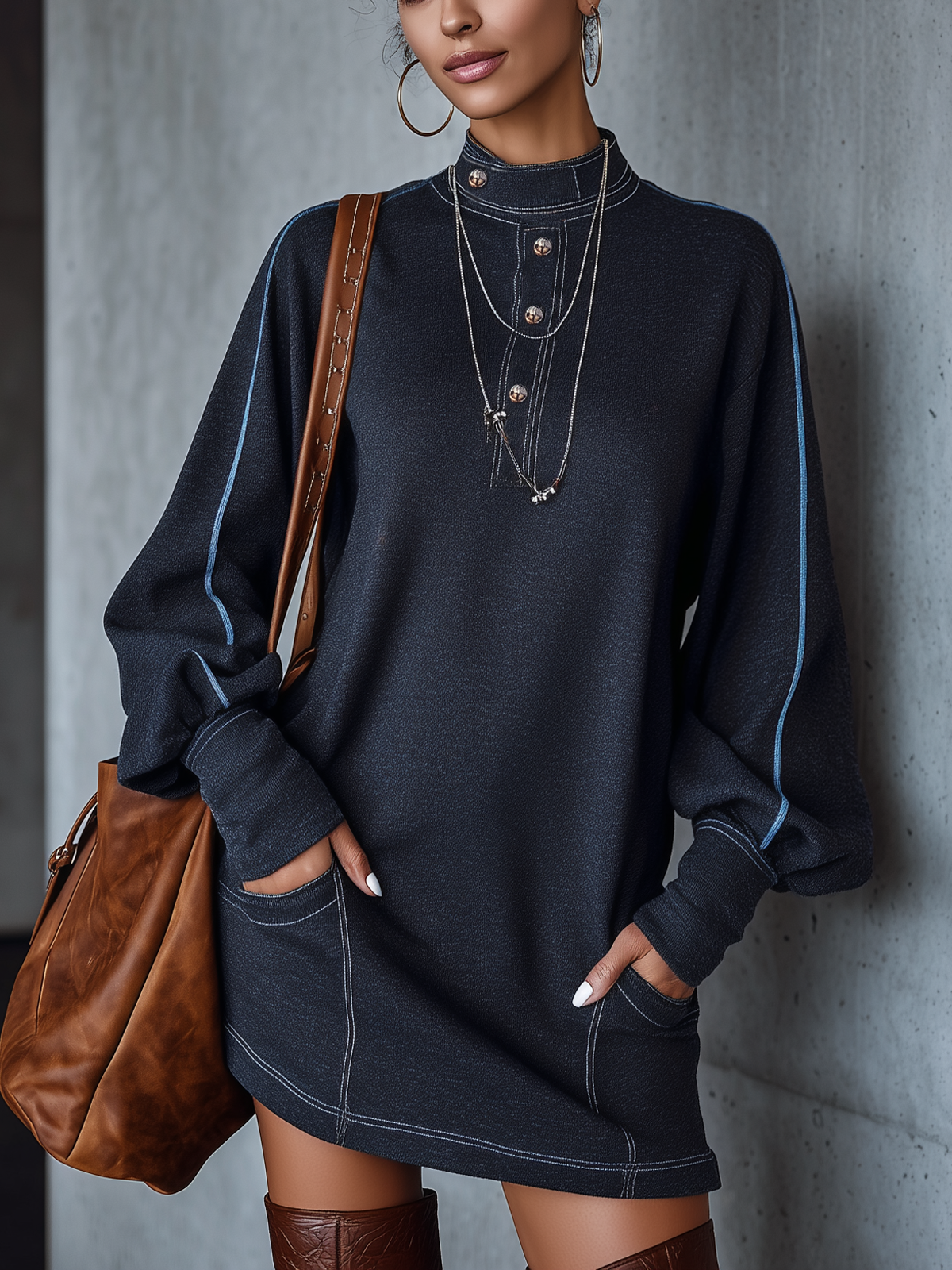 Dark Gray Sweatshirt Fabric Mini Dress With Contrasting Trim And Stand-up Collar