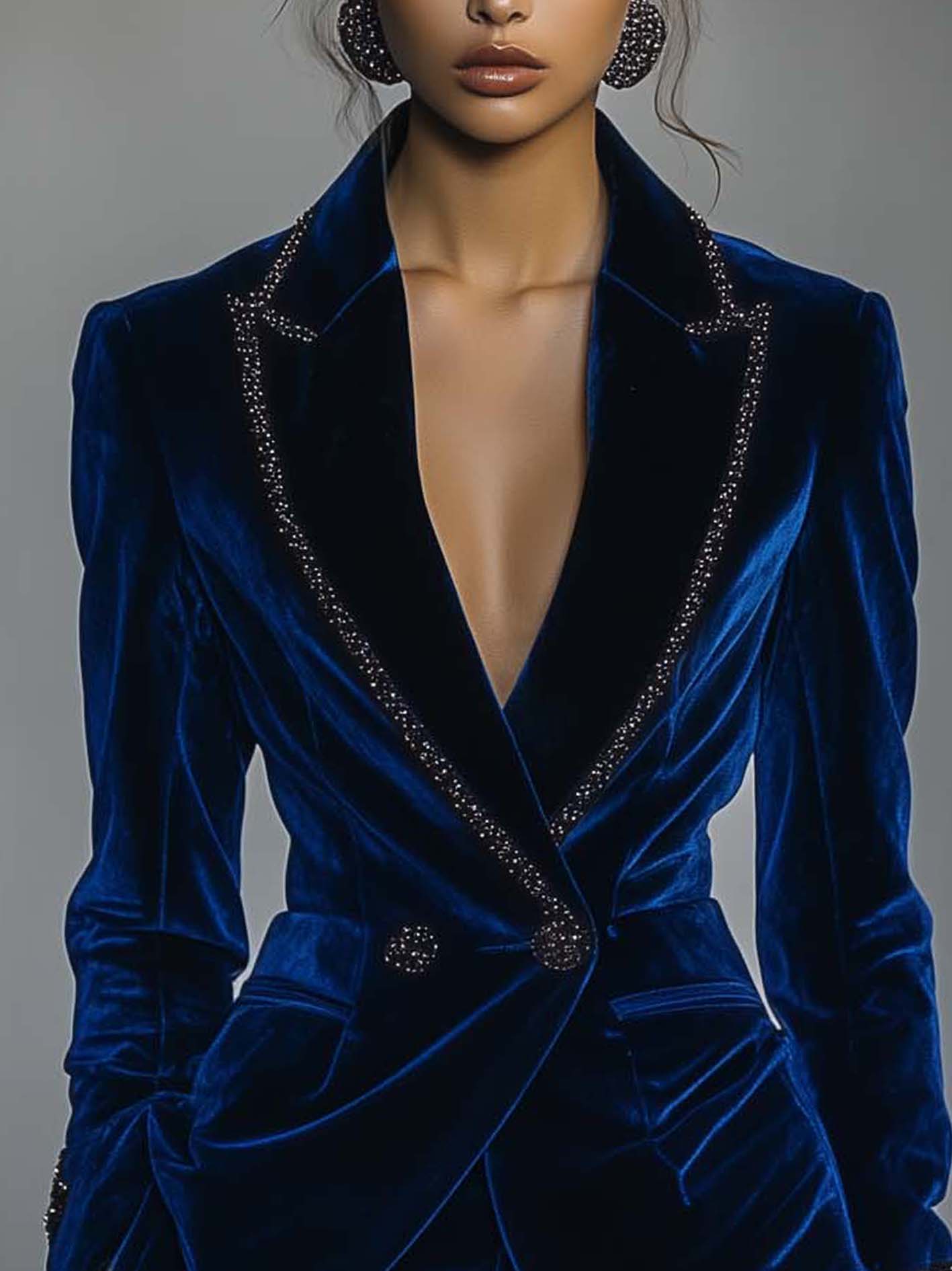 Dark Blue Velvet Blazer With Black Glitter Webbing