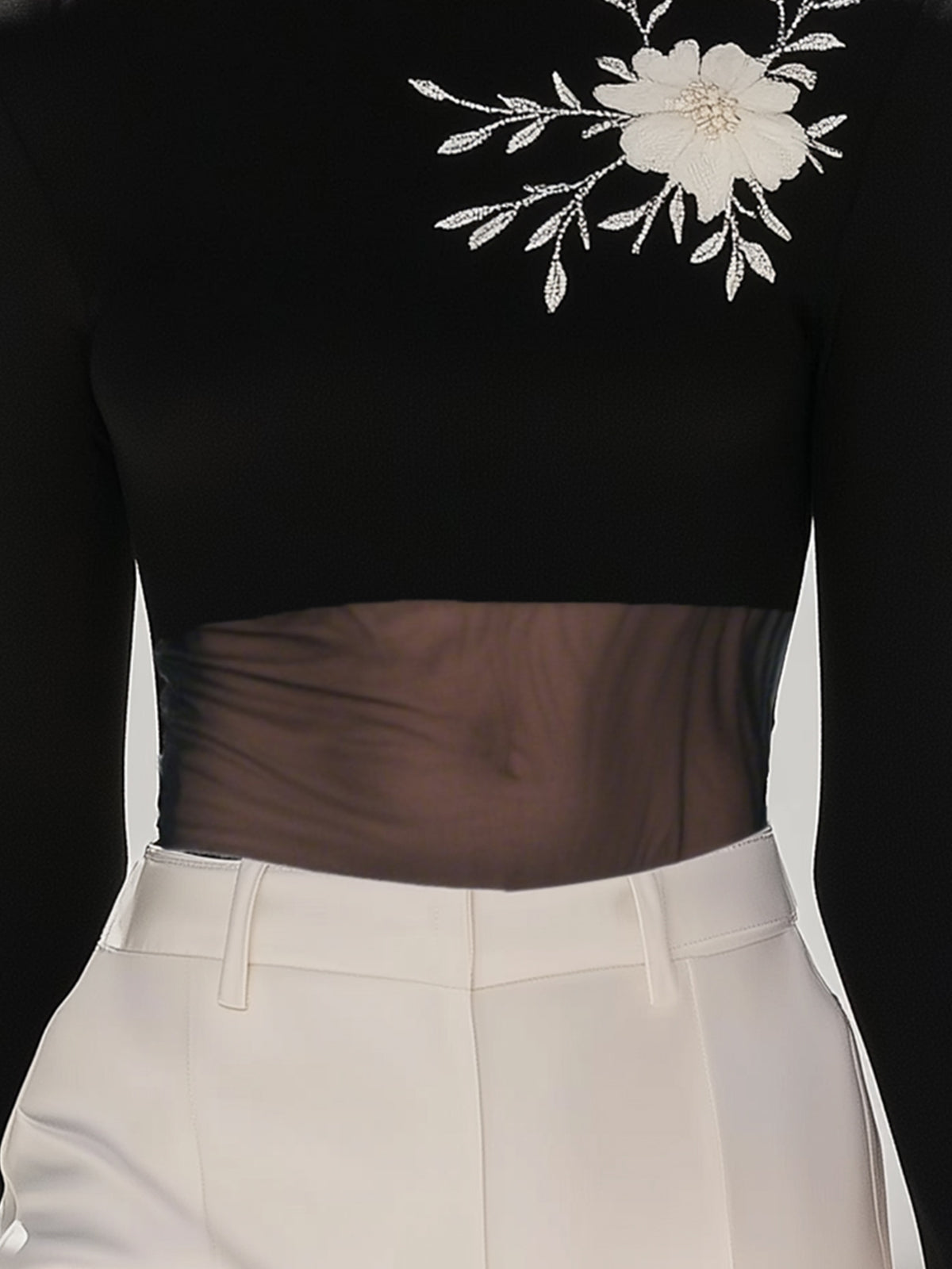 Black Sheer Waist Top With Floral Embroidery