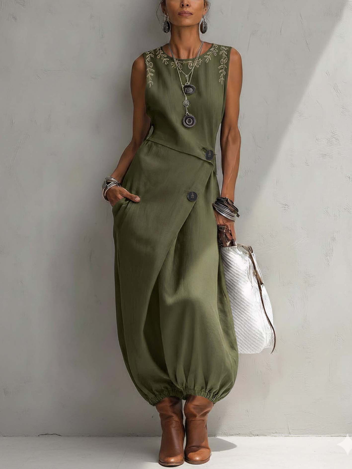 Green Cotton Linen Embroidered Wrap Maxi Dress