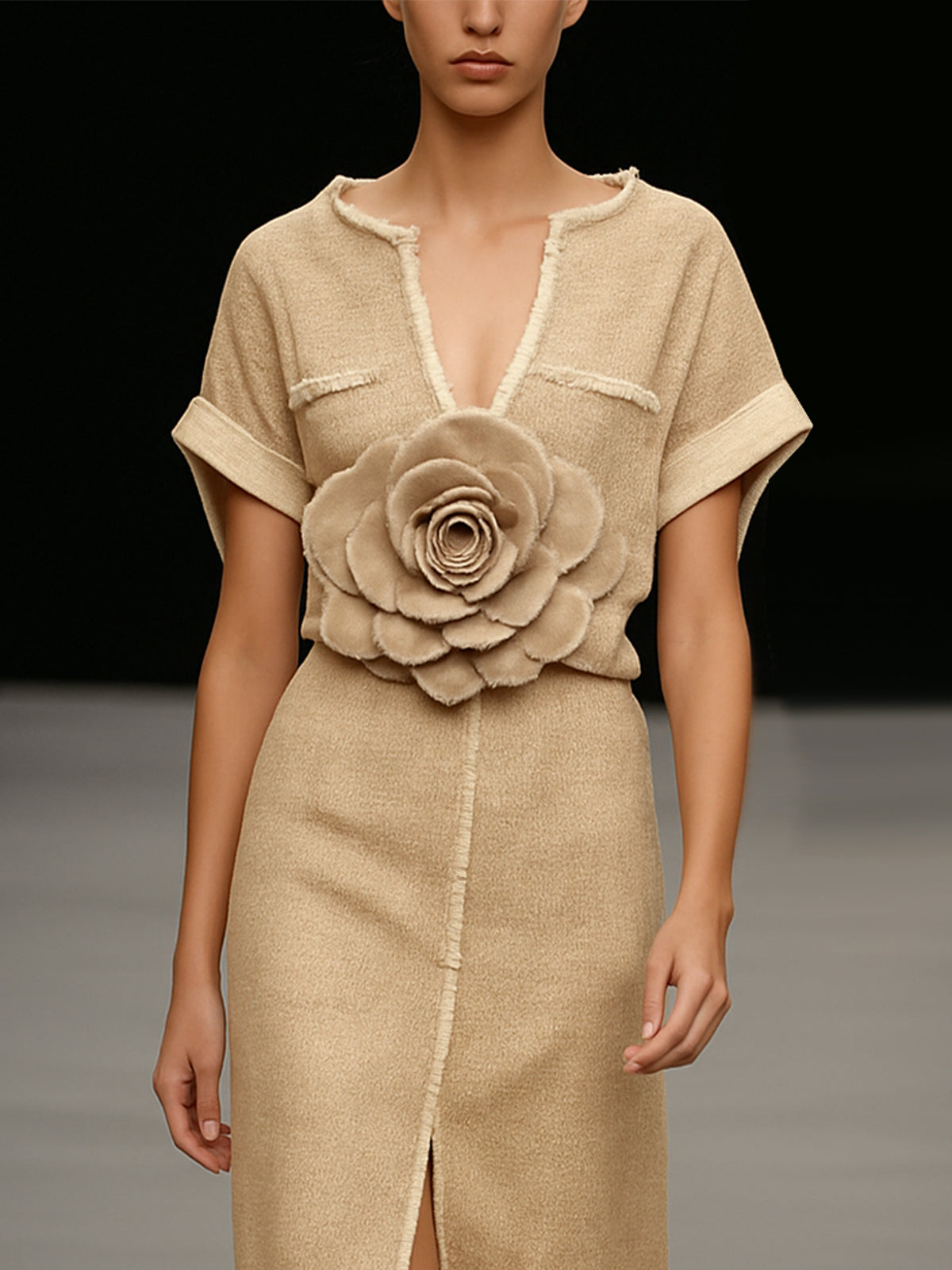 Beige Midi Dress With Floral Waist Detail