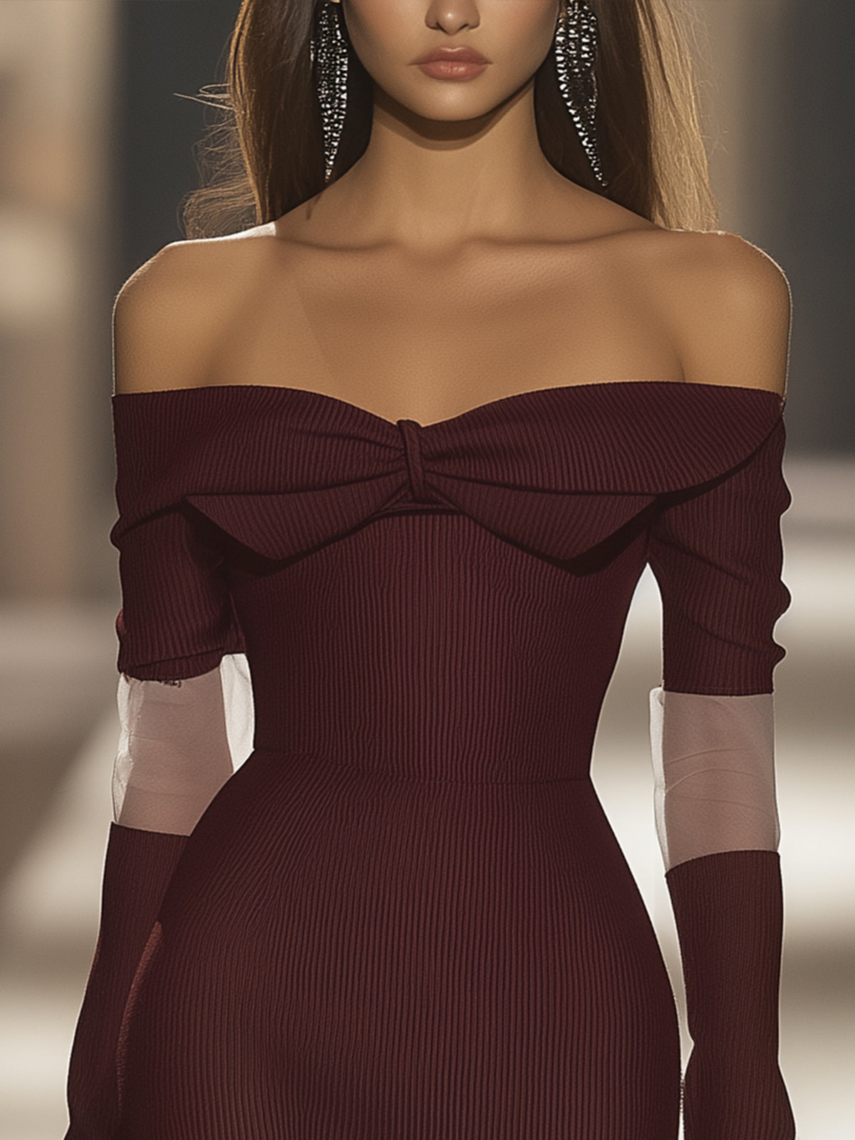 Off Shoulder Wine Red Bodycon Dress With Sheer Sleeve Accents