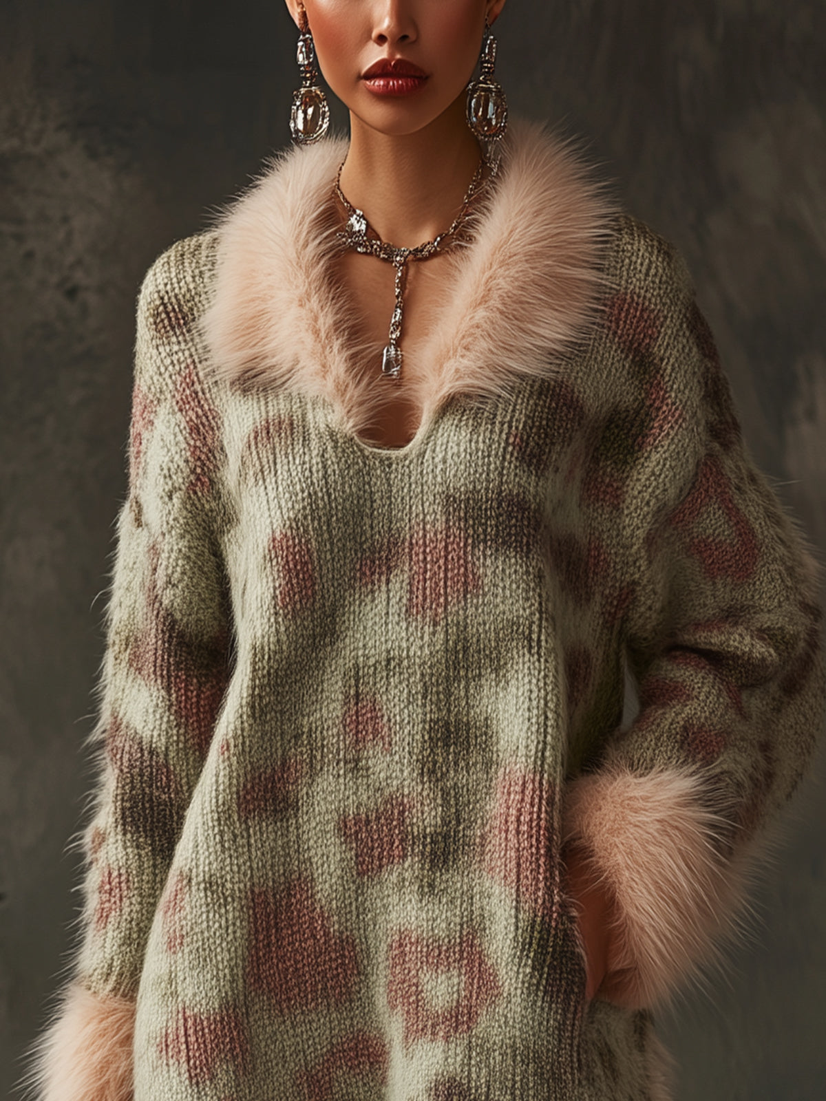 Light Green Knitted Dress With Faux Fur Trim