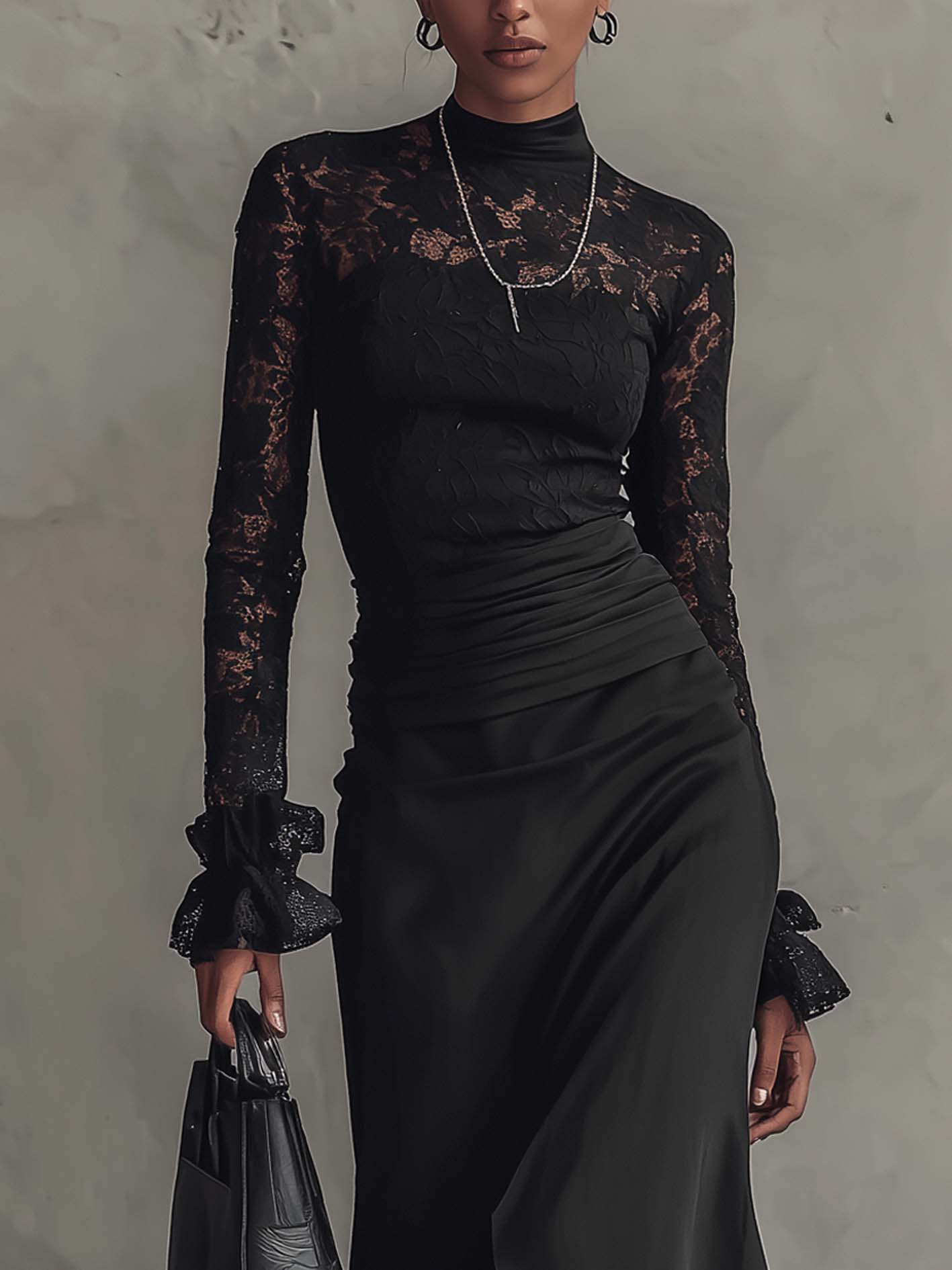 Black Lace Patchwork Ruffled Maxi Bodycon Dress With Front Slit