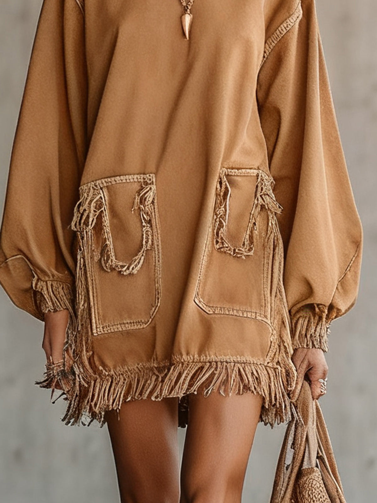 Camel Fringe Hem Oversized Denim Pocket Mini Dress