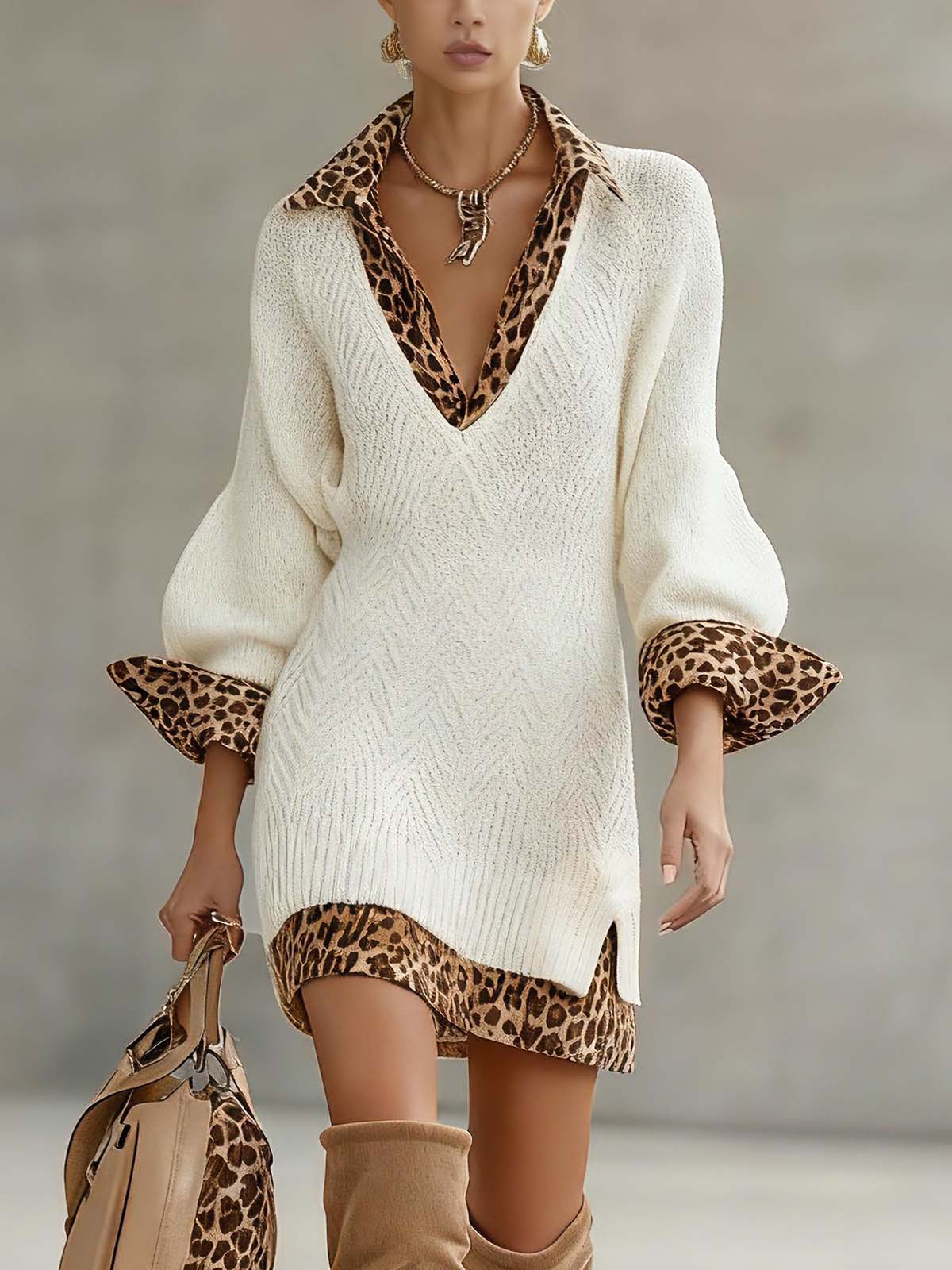 White Knitted Denim Patchwork Long Sleeve Mini Dress