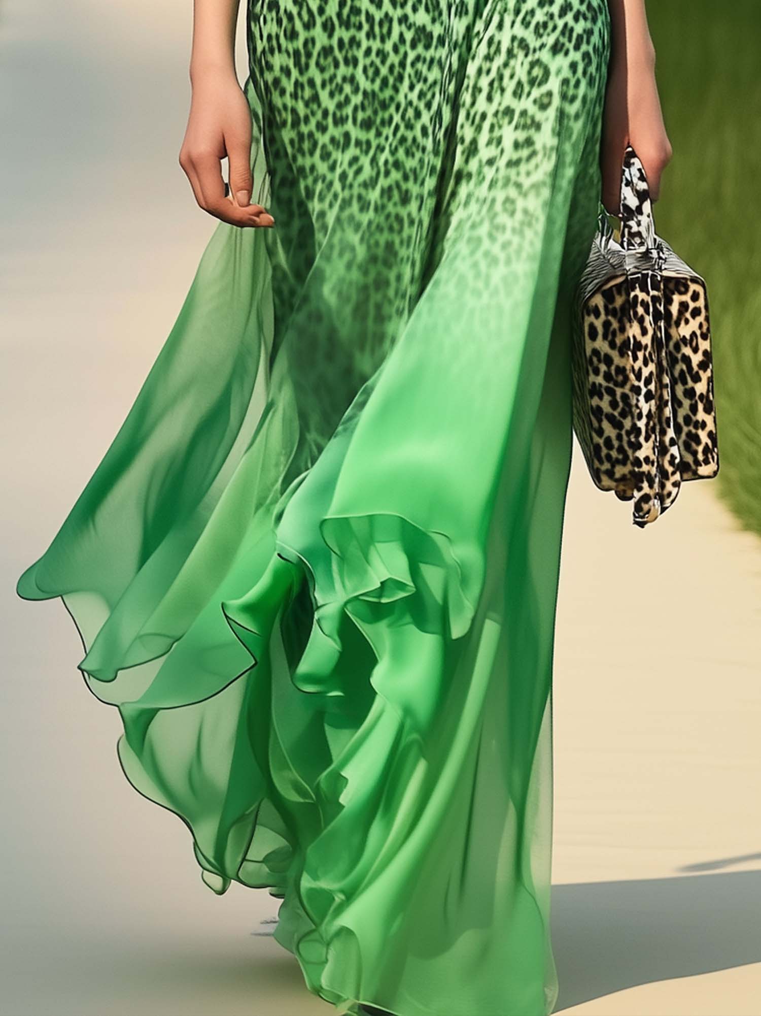 Green  Chiffon Maxi Dress With Gradient Leopard Print