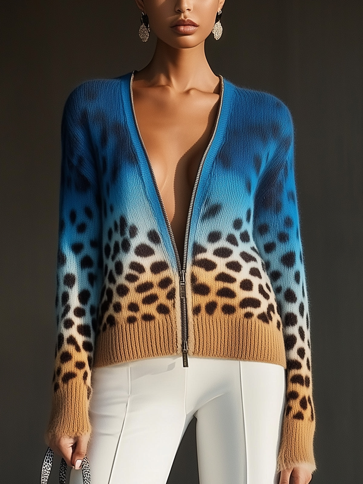 Ombre Leopard Print Zip Up Knit Cardigan