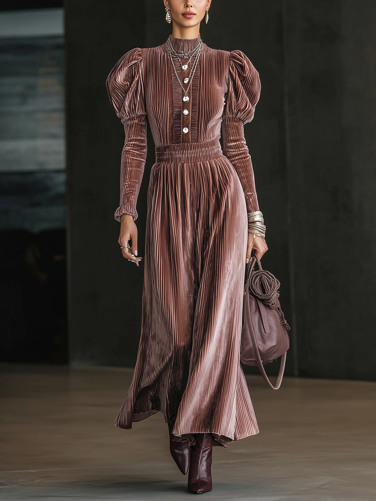 Pink Pleated Velvet Puff Sleeve  Maxi Dress