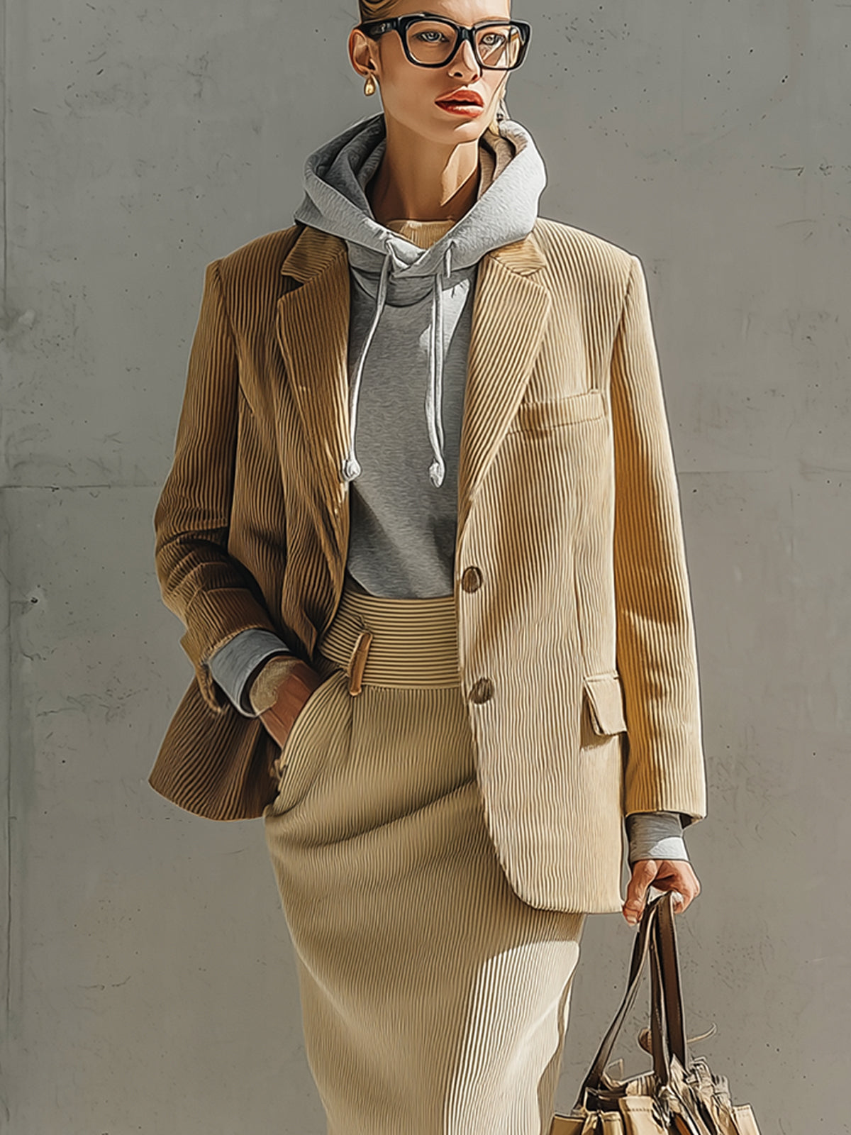 Camel Corduroy Blazer And Pencil Skirt Set