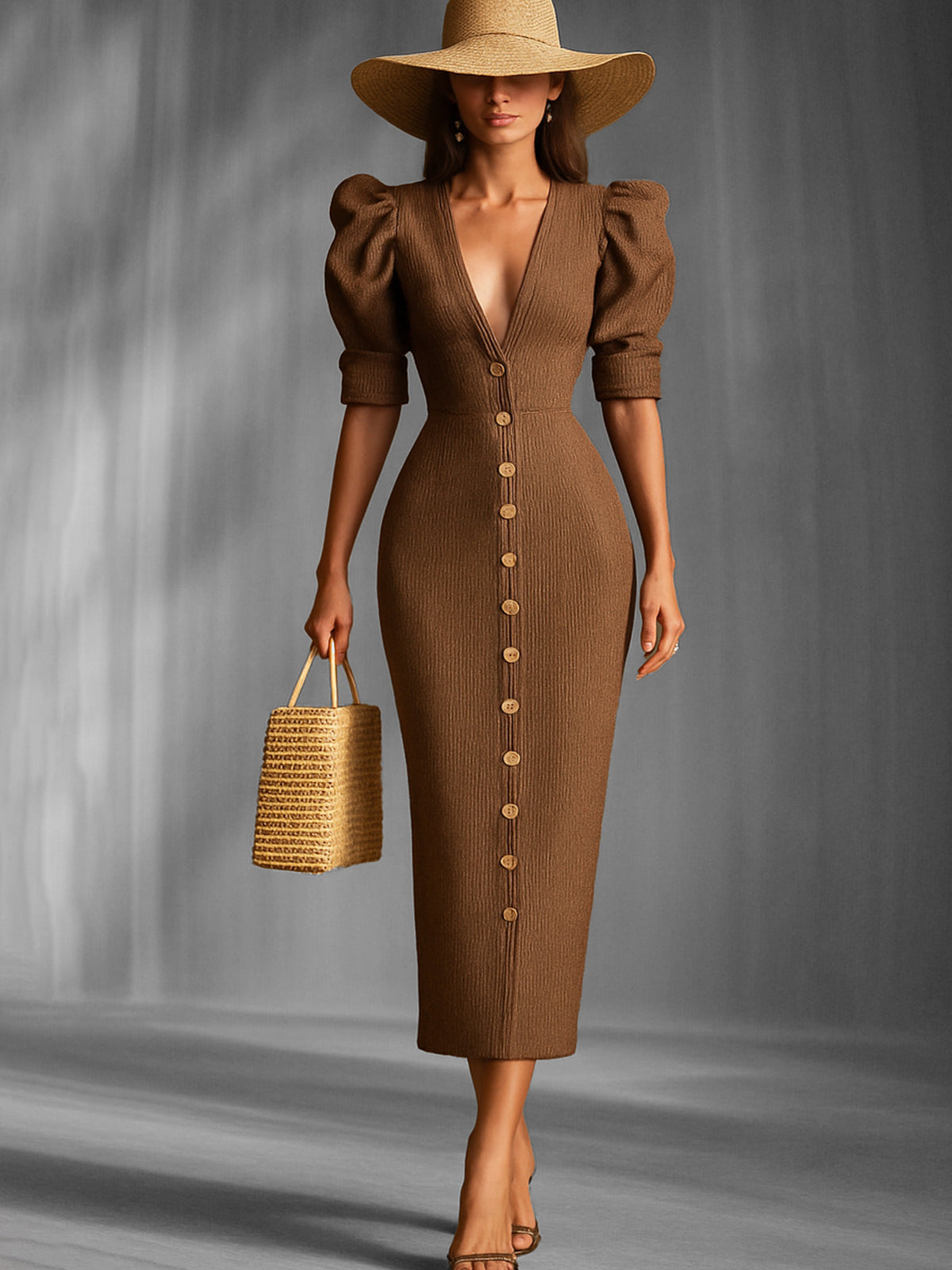 Brown Puff Sleeve Knit Midi Dress With Button Detail