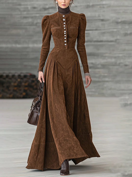 Brown Faux Suede Maxi Dress With High Neck And Structured Silhouette