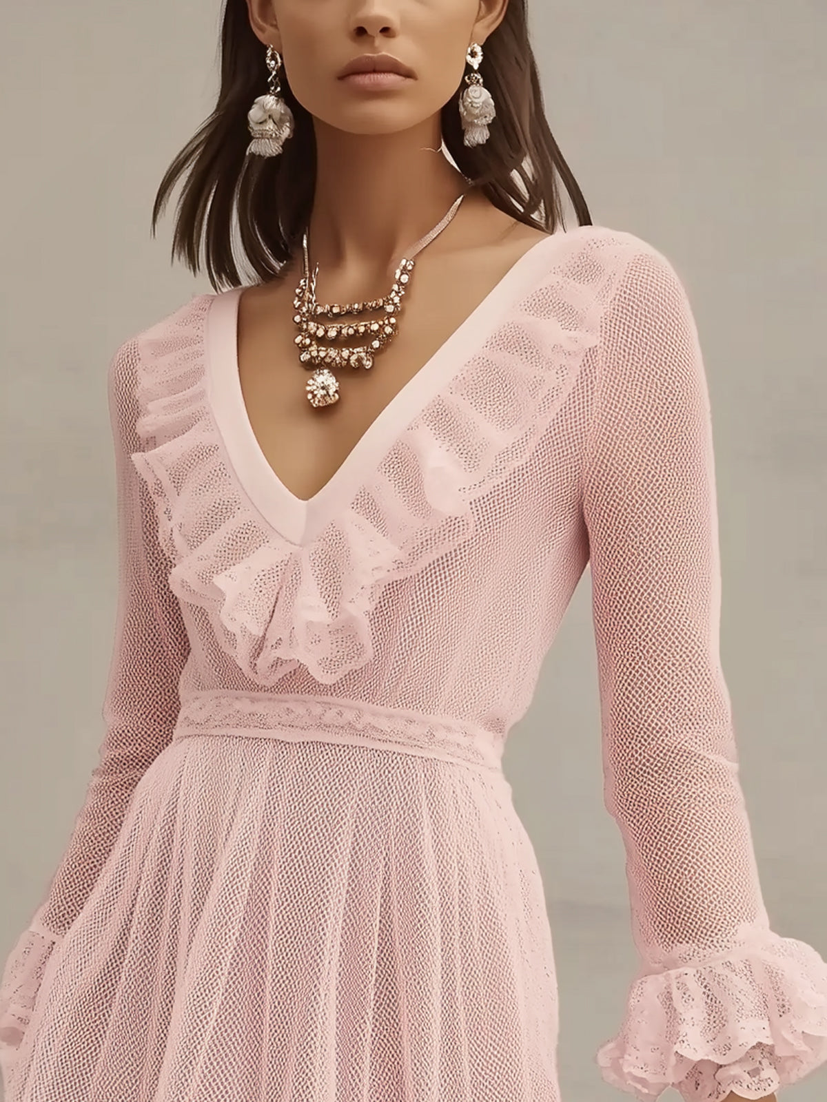 Pink Mesh Ruffle Trim V-Neck Long Sleeve Midi Dress