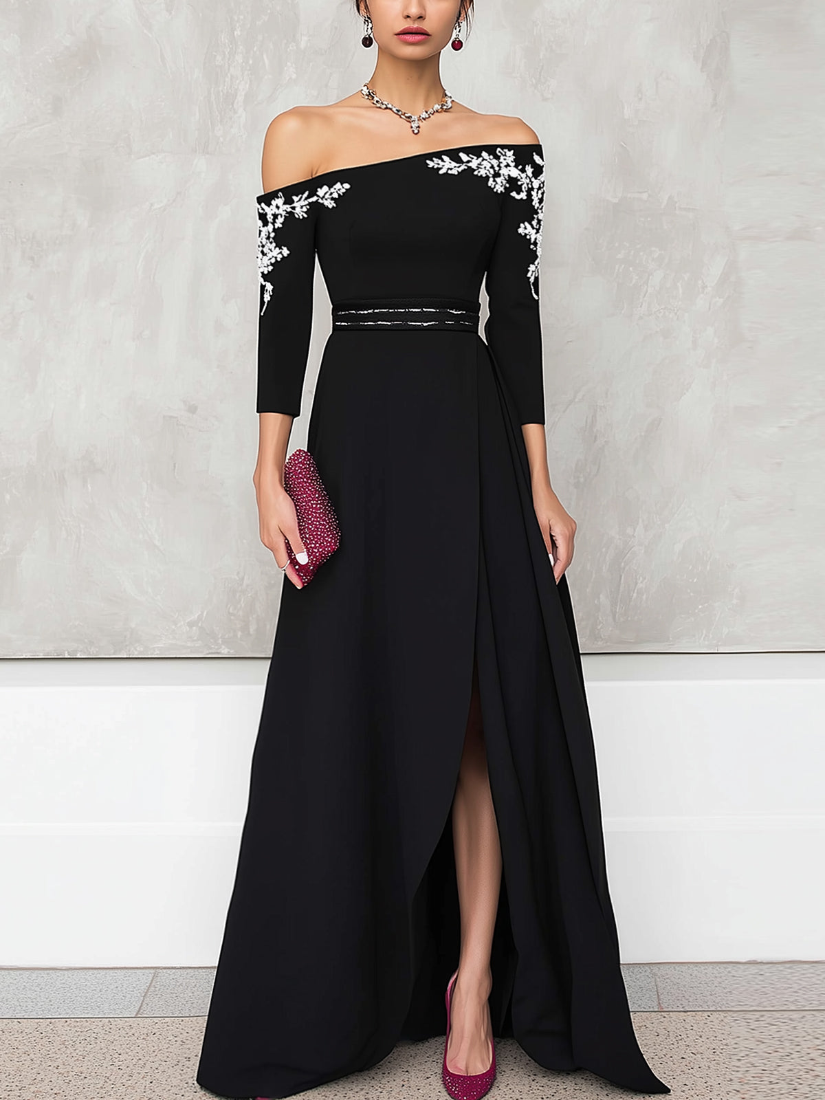 Black Floral Embroidered Off Shoulder Maxi Dress
