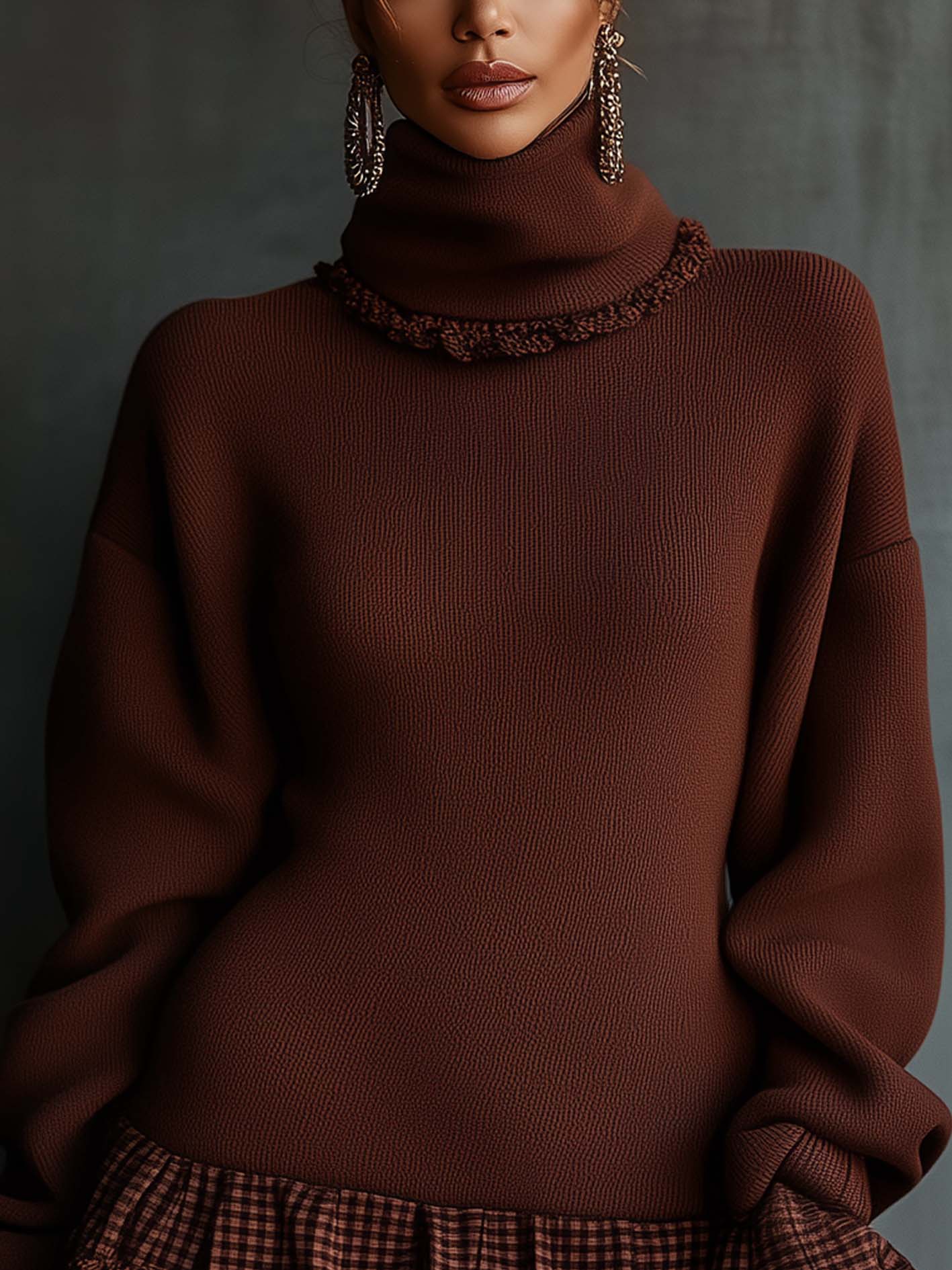 Chocolate Turtleneck Knitted Mini Dress With Plaid Ruffles