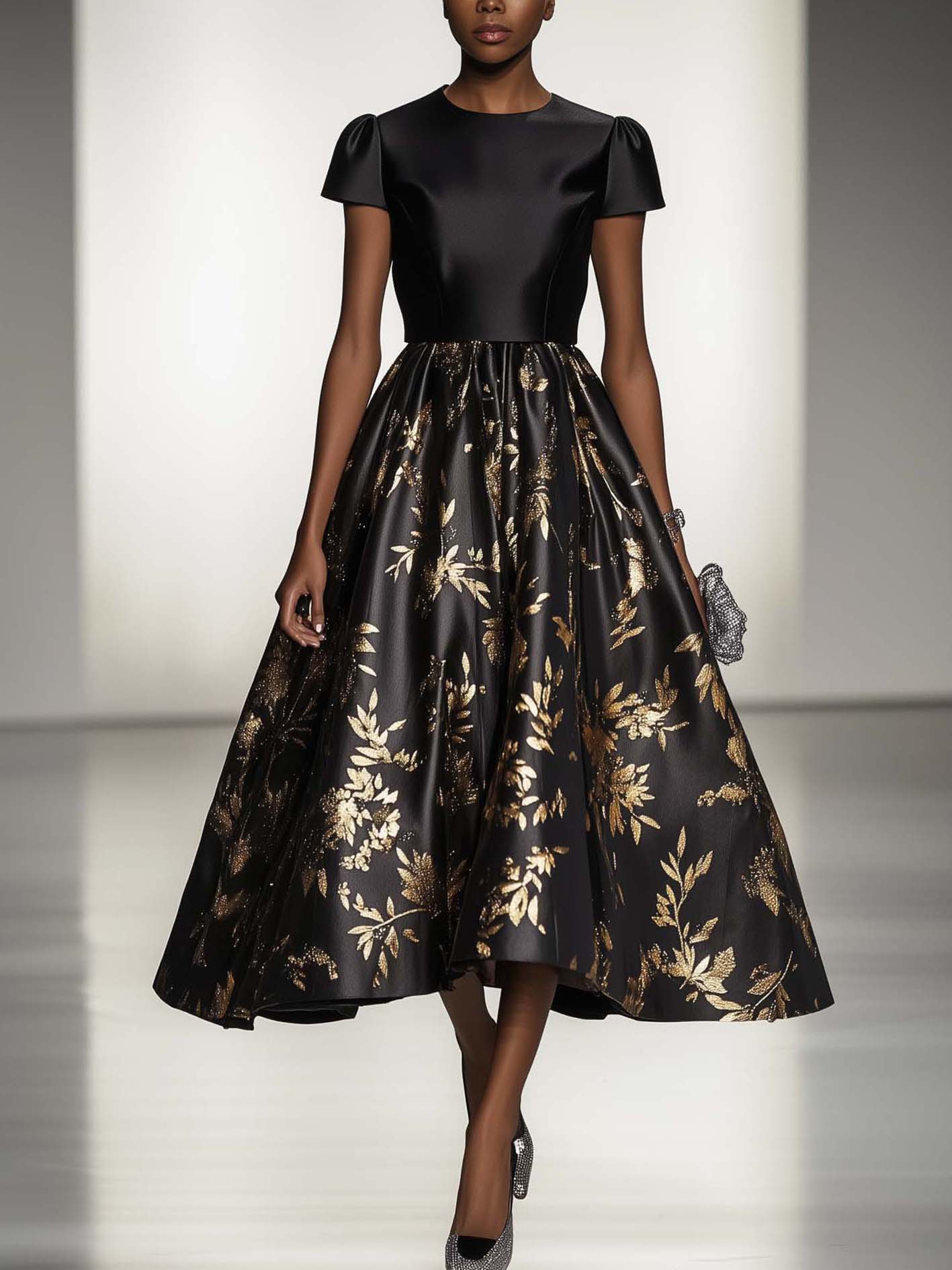 Black Satin Maxi Dress With Gold Botanical Print