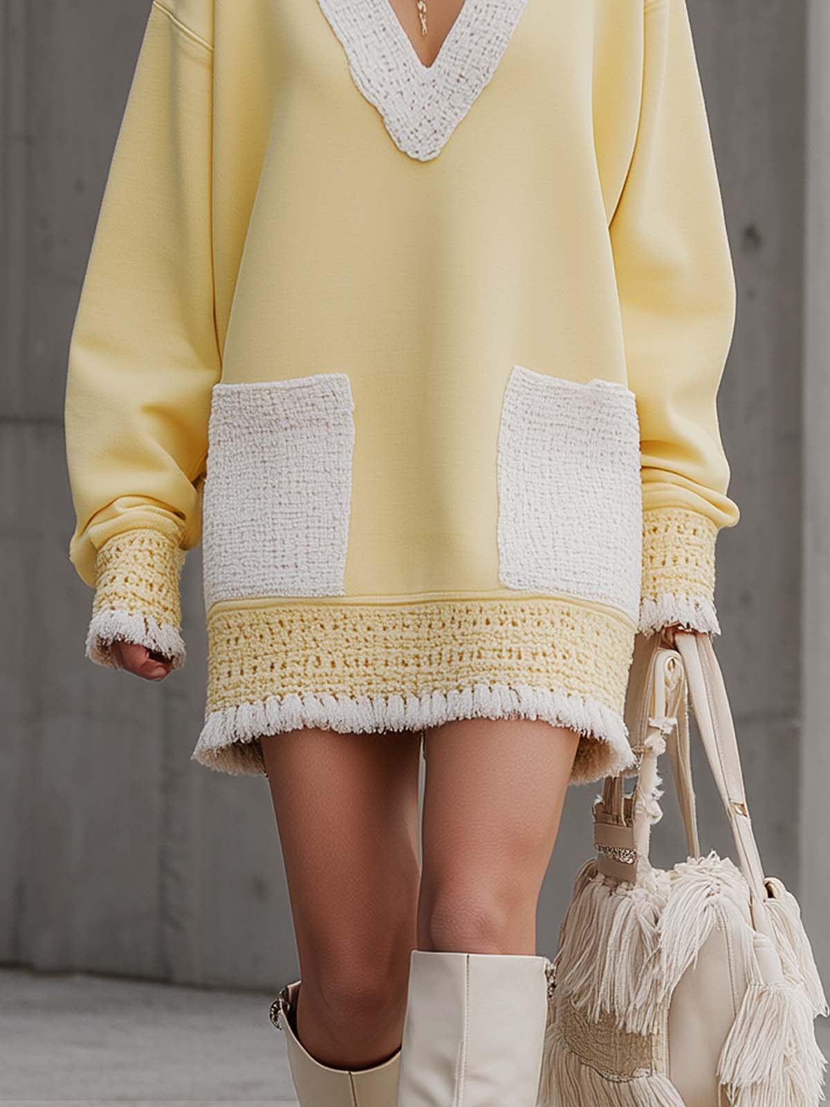 Yellow Blended Tweed V-neck Crochet Hem Tassel Dress