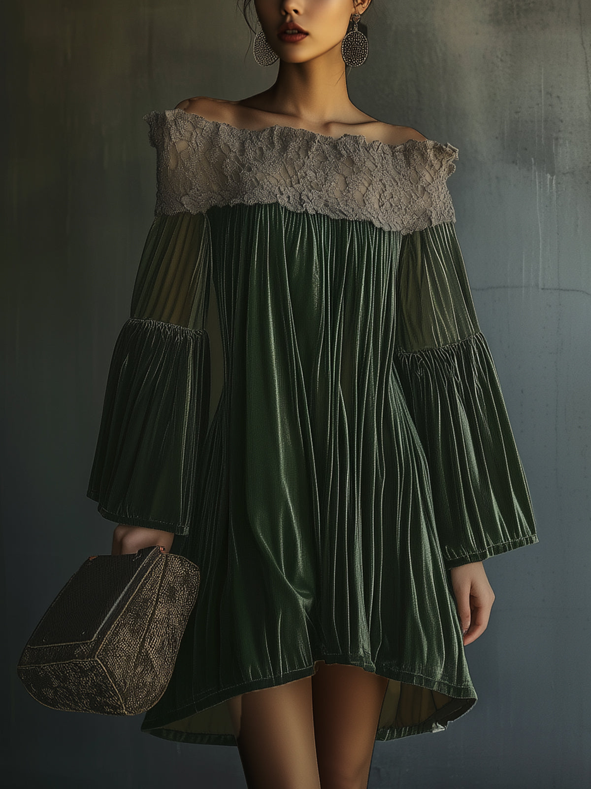 Off-Shoulder Green Velvet Dress With Lace Trim And Flared Sleeves