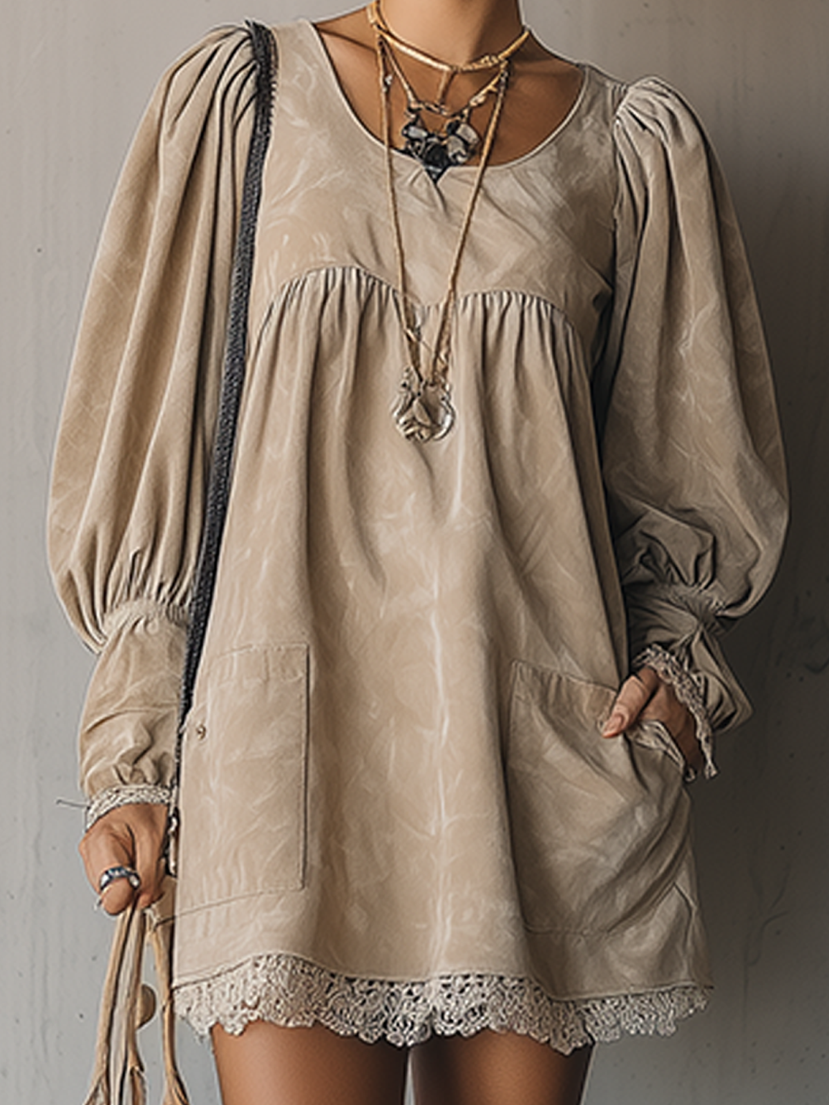 White Faux Suede Puff Sleeve Lace-Trim Mini Dress