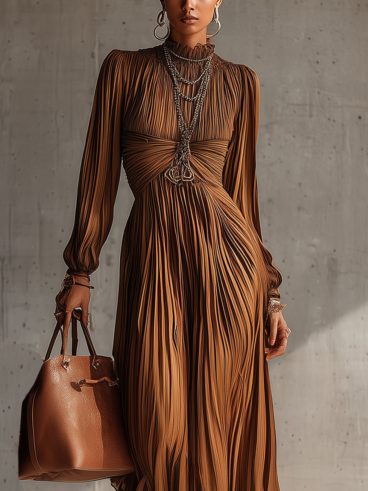 Brown Pleated High-Neck Maxi Dress With Gathered Waist