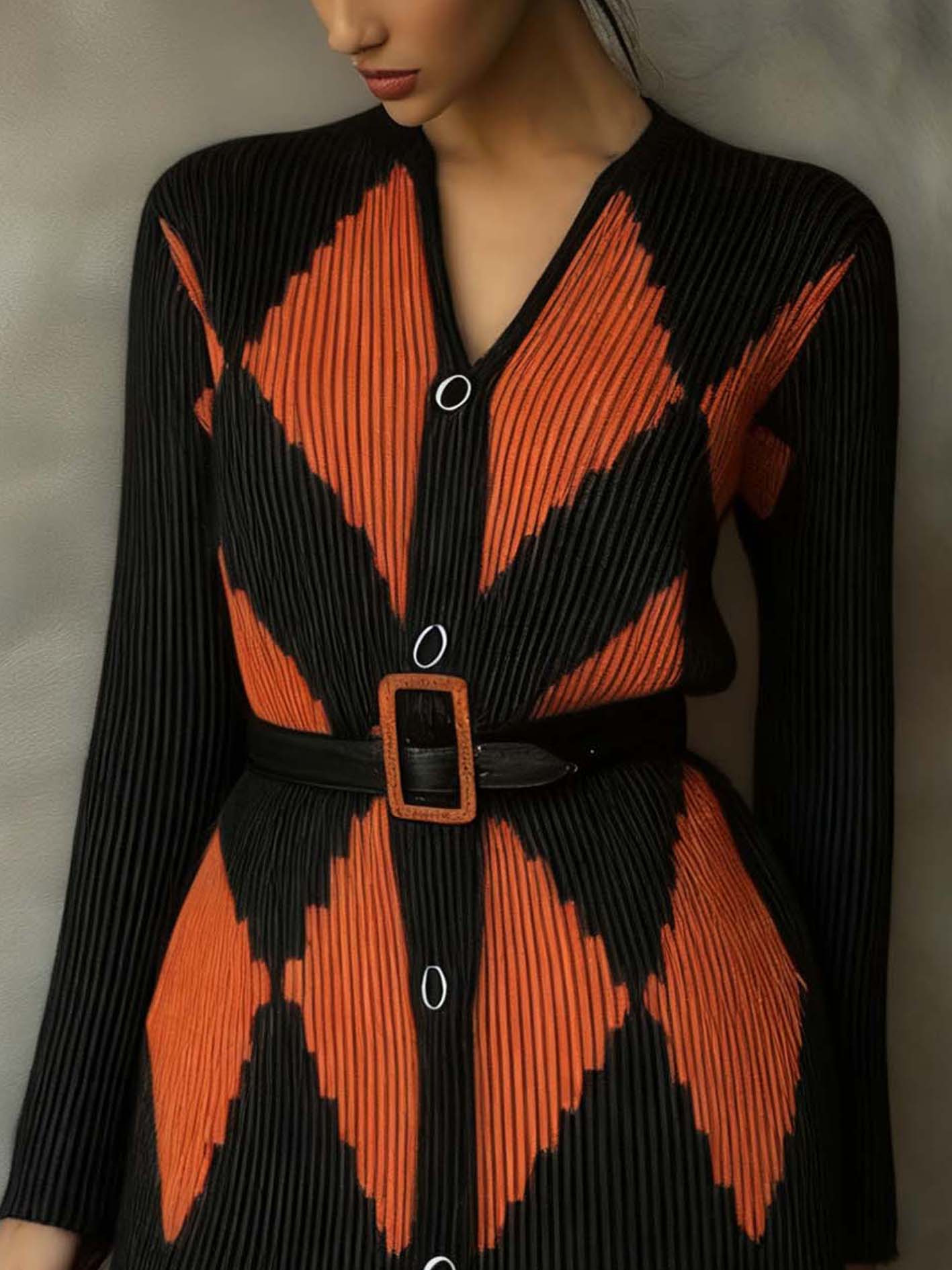 Black Knitted Mini Dress With Belt And Diamond Pattern And Lace