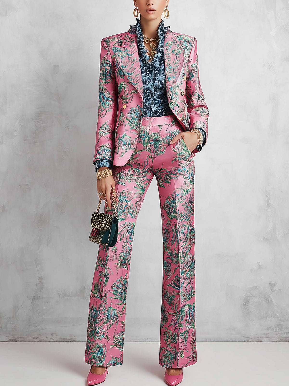 Pink Botanical Print Blazer And Flared Pants Suit