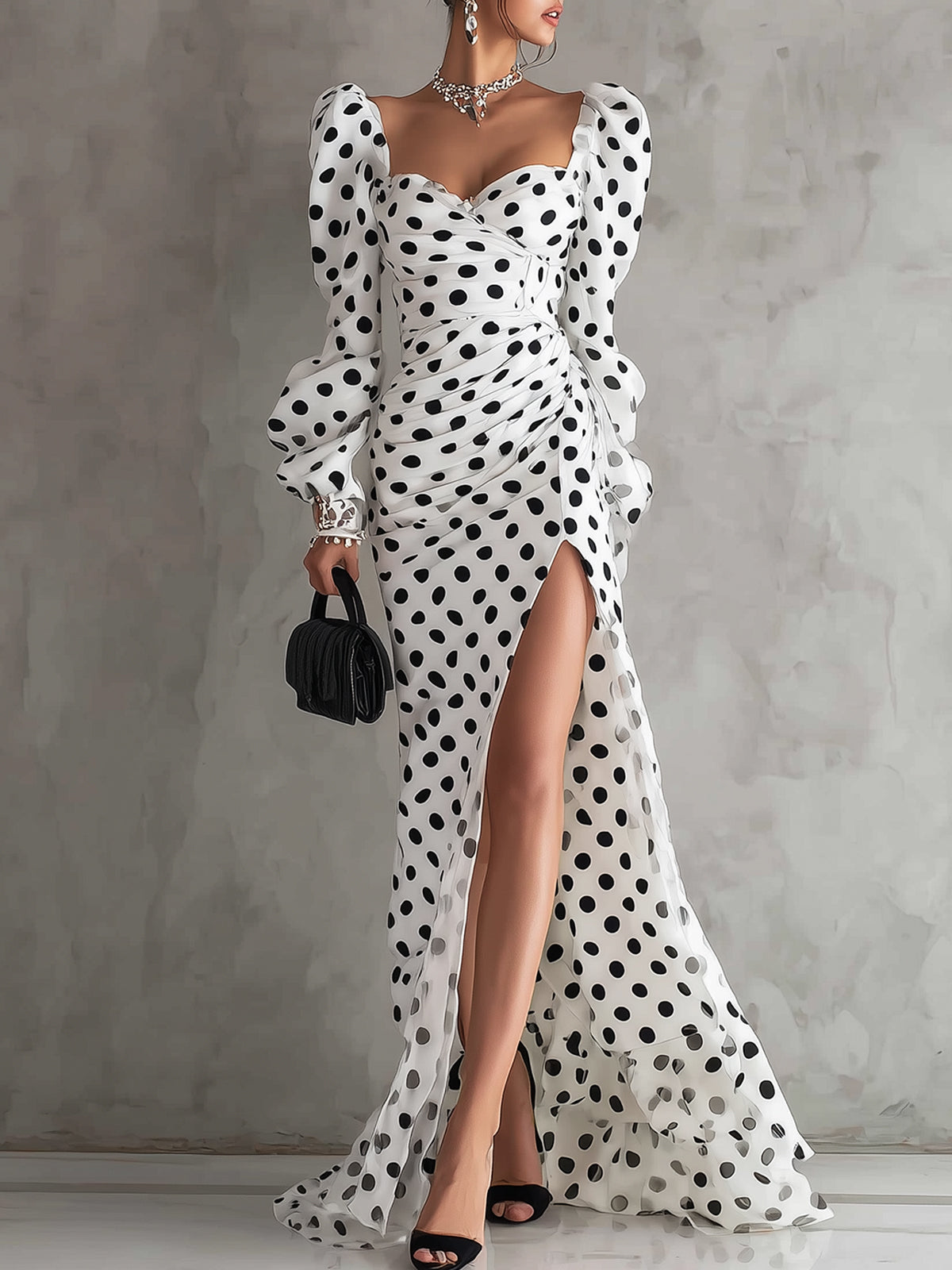 White Polka Dot High Slit Puff Sleeve Maxi Dress