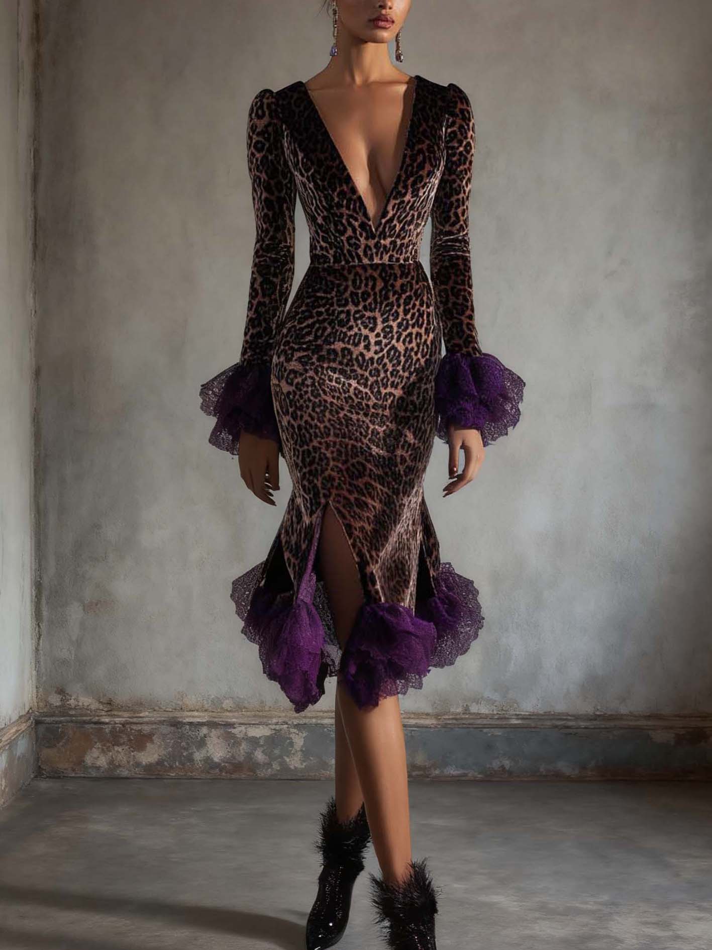 Brown Velvet Bodycon Dress With Purple Lace Ruffles