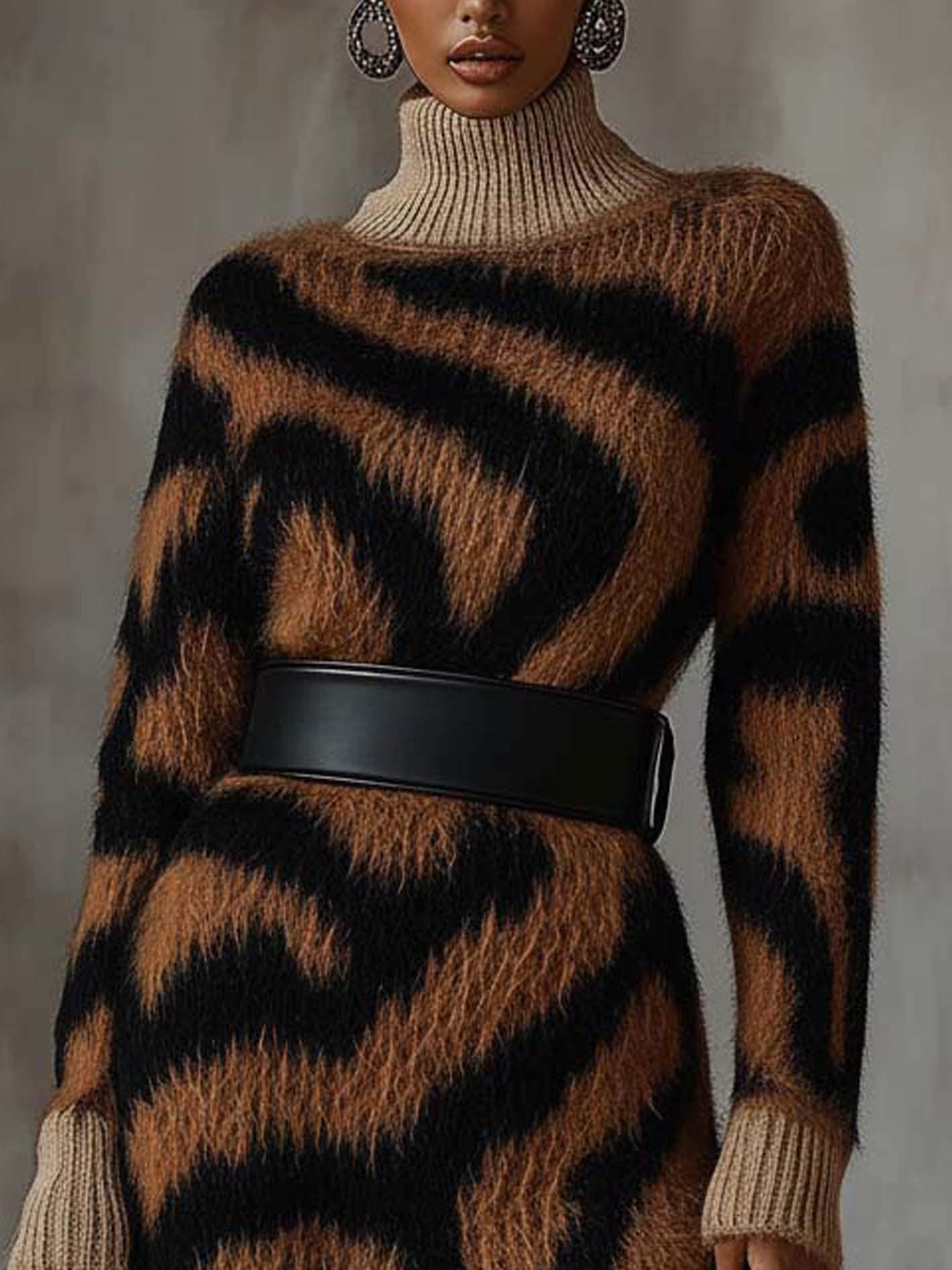 Brown Faux Rabbit Fur Knit Mini Dress With Belt