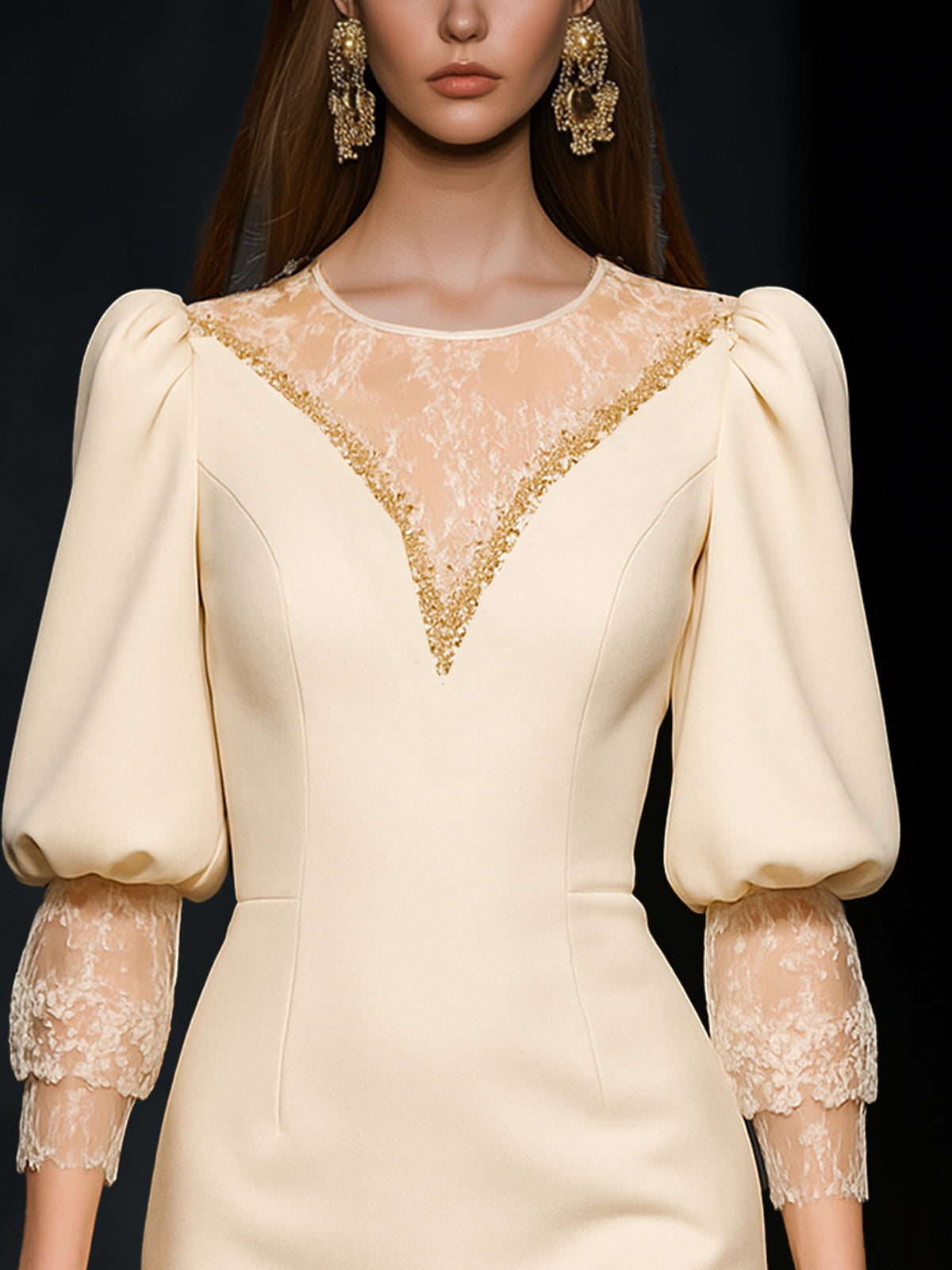 Elegant Sheath Dress With Puff Sleeves And Lace Applique