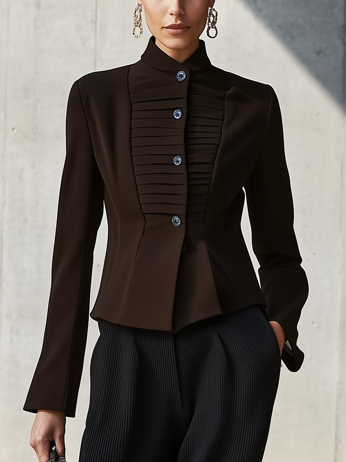 Brown Pleated High-Neck Blazer