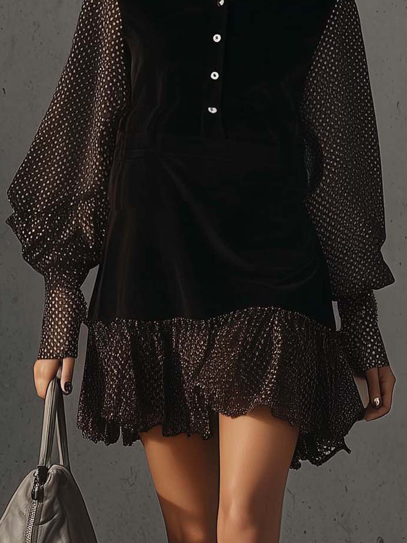 Black Velvet Mini Dress With Shimmering Polka Dots