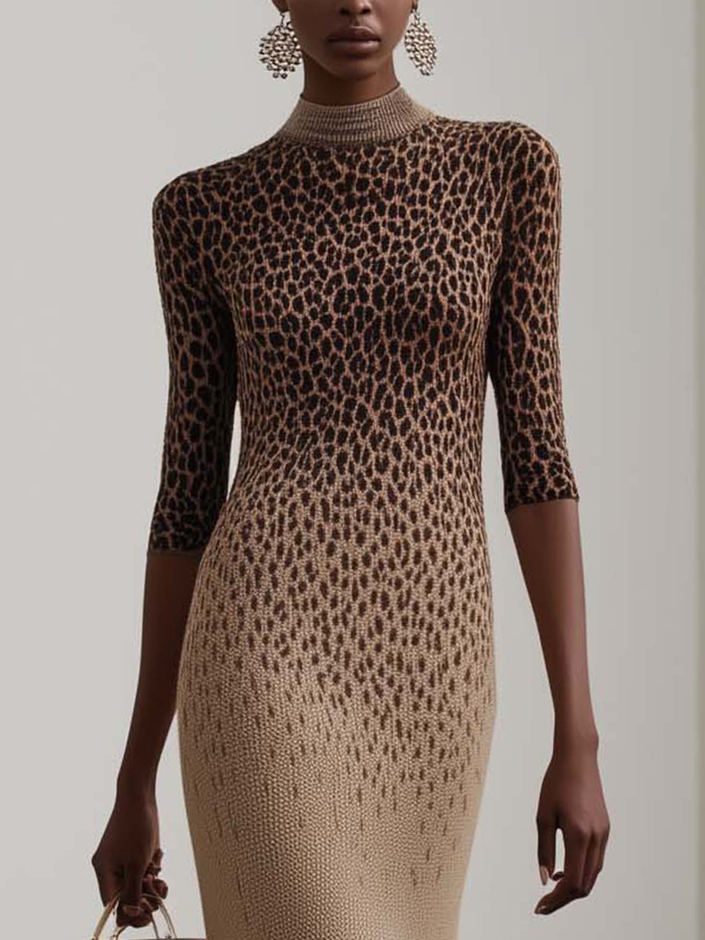Oatmeal Knitted Midi Bodycon Dress With Leopard Print And Tassels