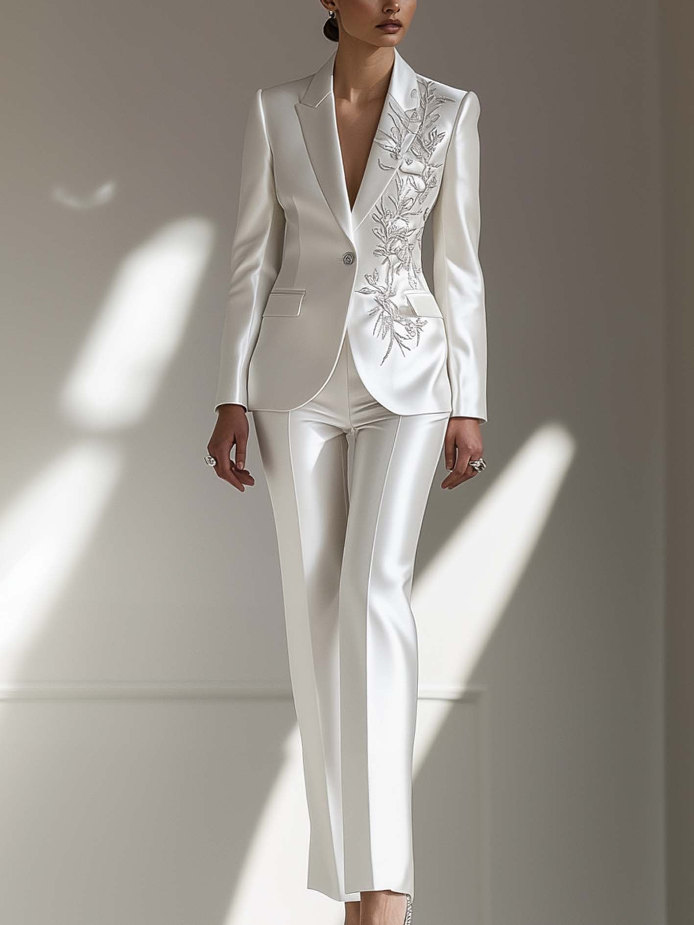 White Satin Suit With Silver Botanical Embroidery