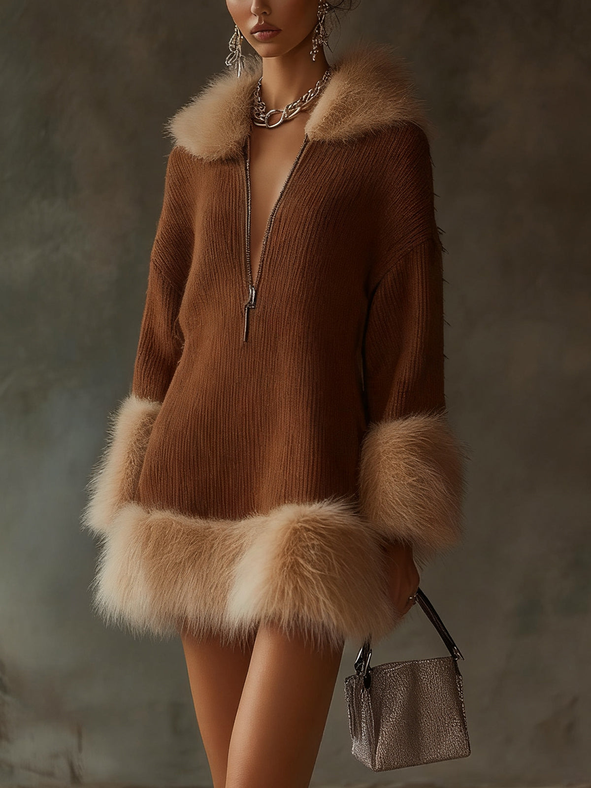 Brown Ribbed Knit Dress With Faux Fur Trim And Front Zip