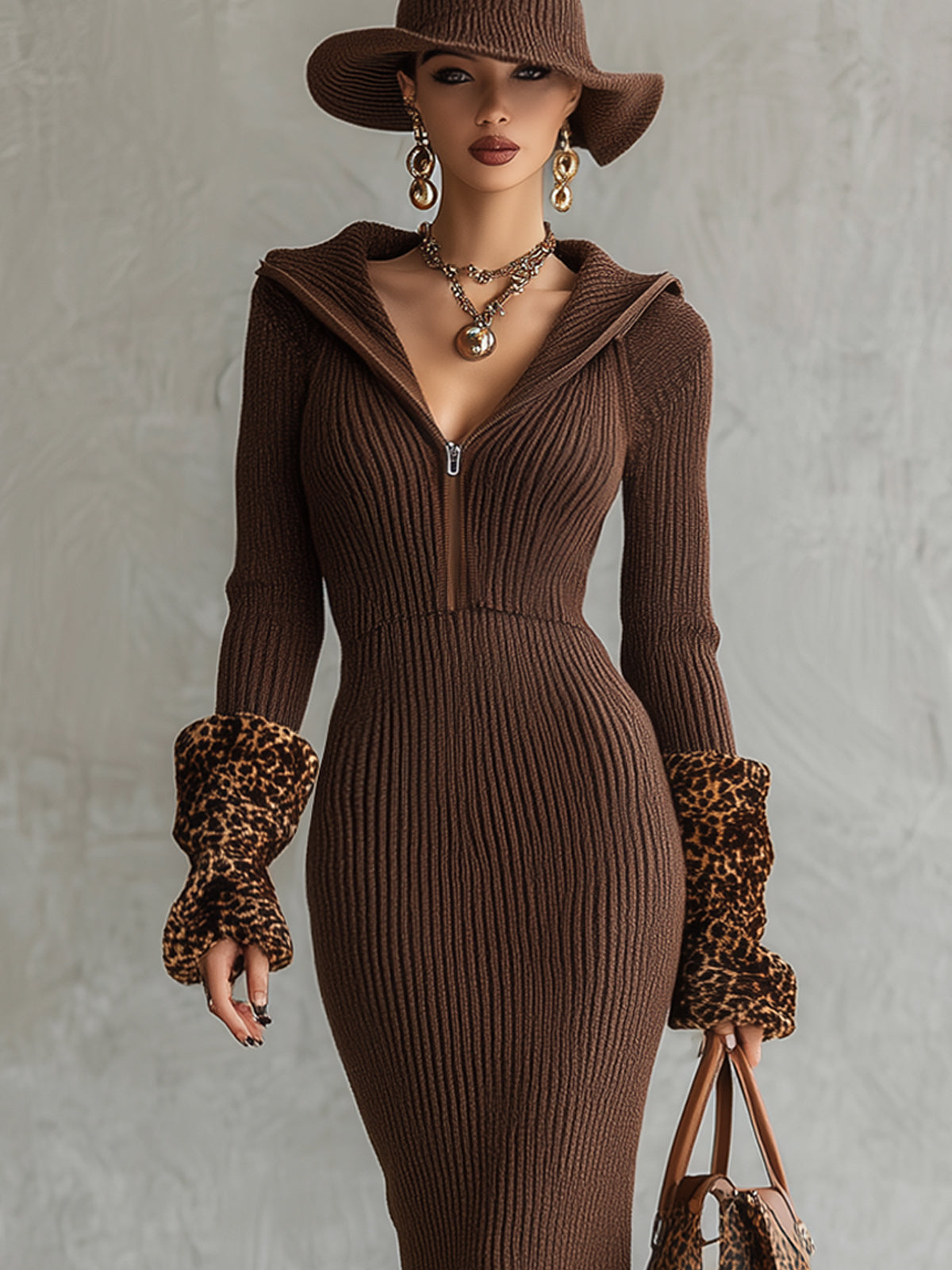 Cocoa Ribbed Knit Hooded Zip Up Midi Dress