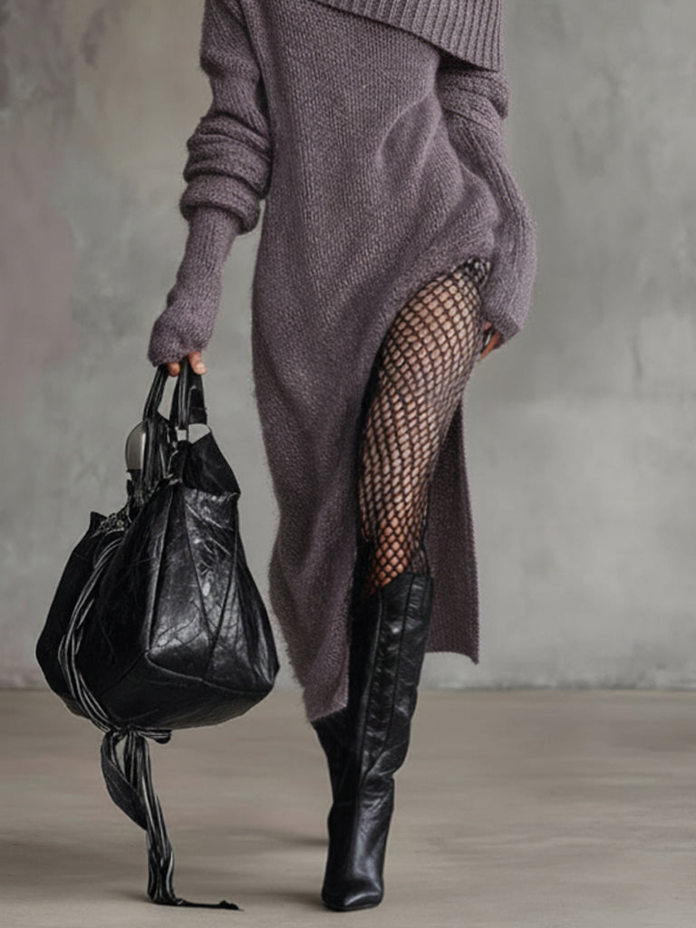 Purple Off Shoulder Slit Knit Long Sleeve Maxi Dress