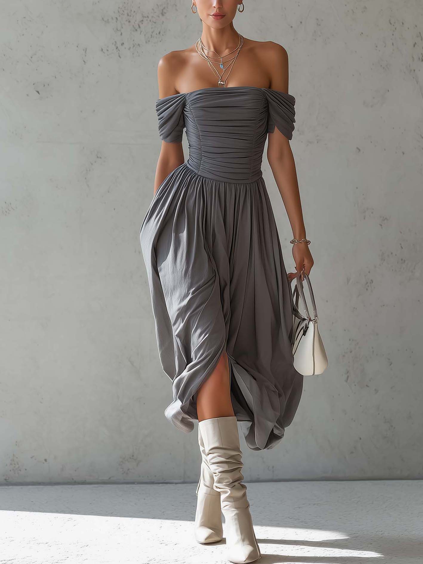 Gray Off Shoulder Elegant Pleated Ruched Midi Dress