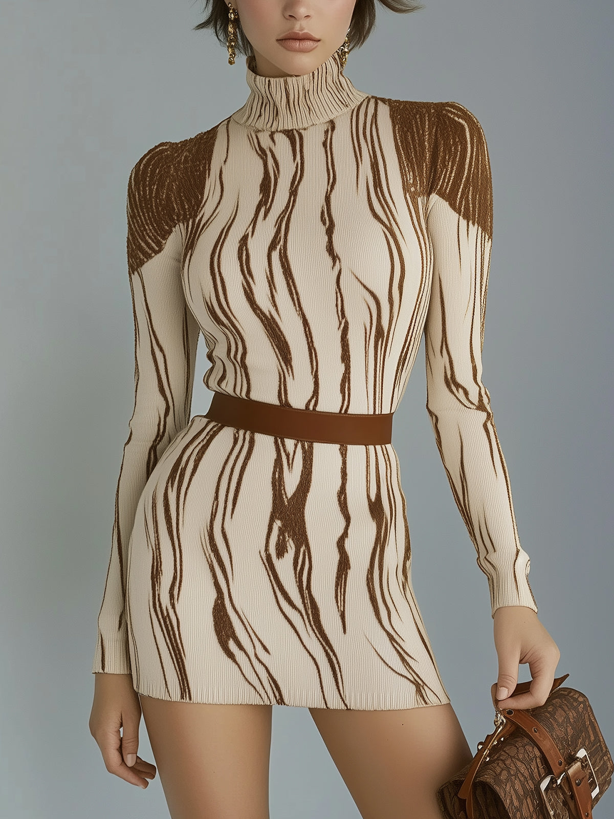 Ribbed Turtleneck Mini Dress With Brown Abstract Stripes