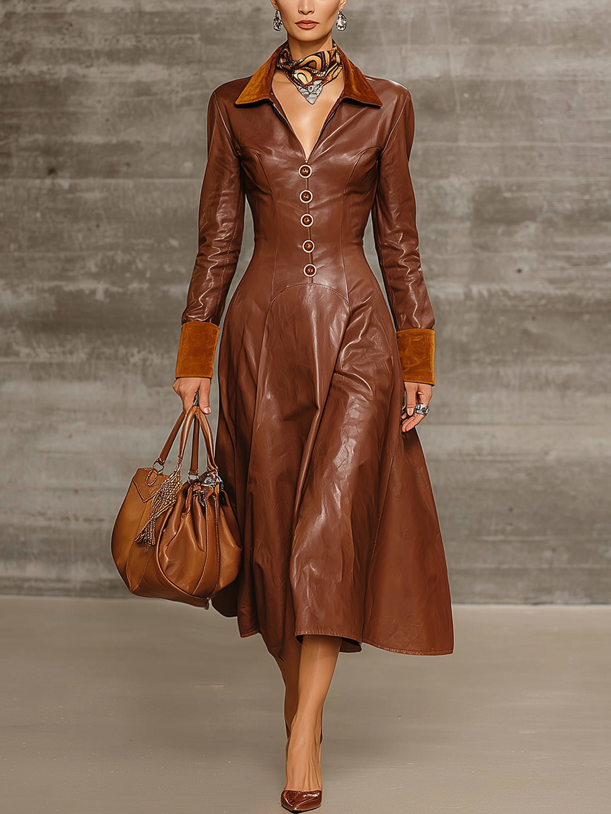Chocolate  Leather And Suede Panel Midi Dress