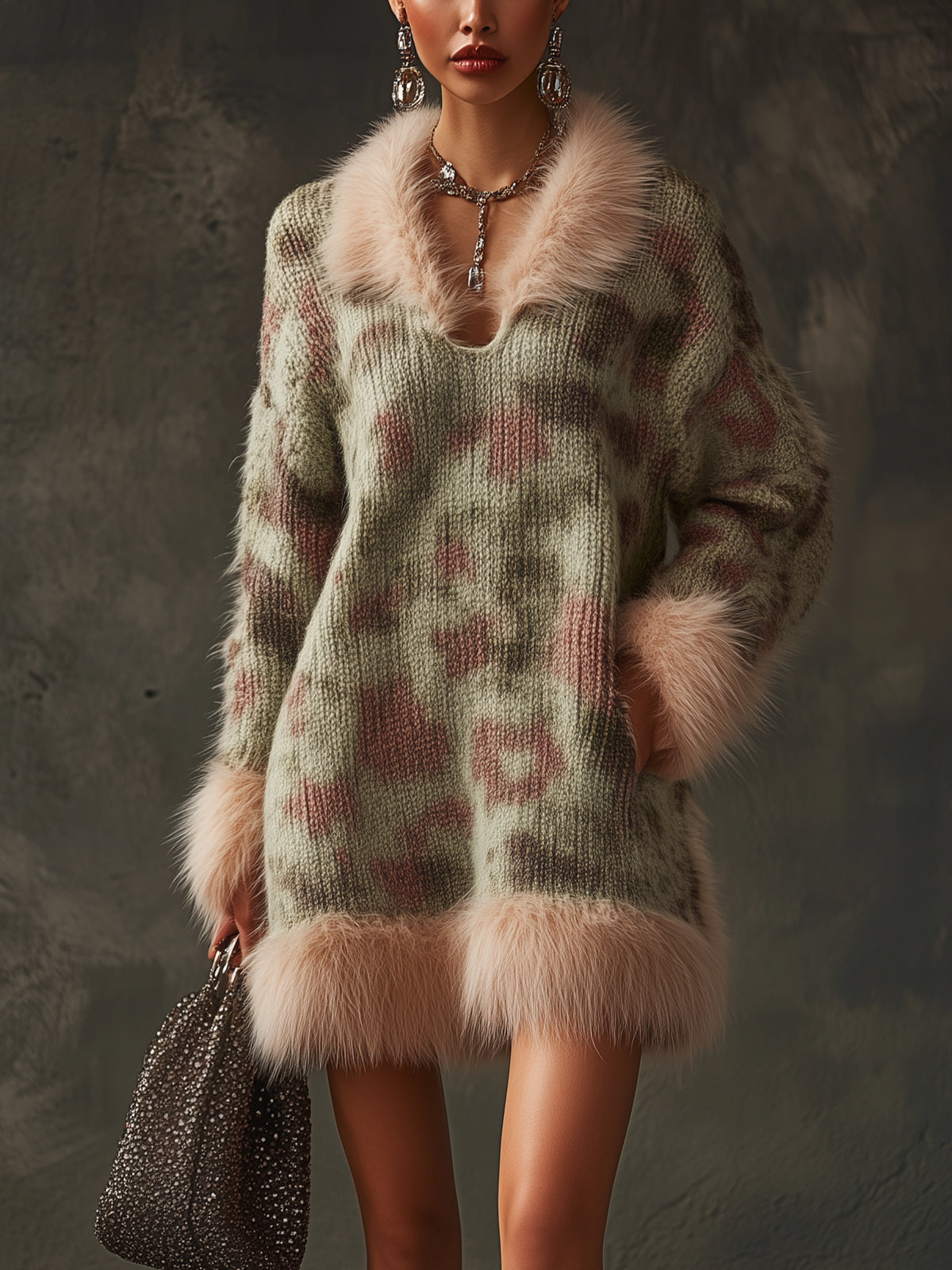 Light Green Knitted Dress With Faux Fur Trim