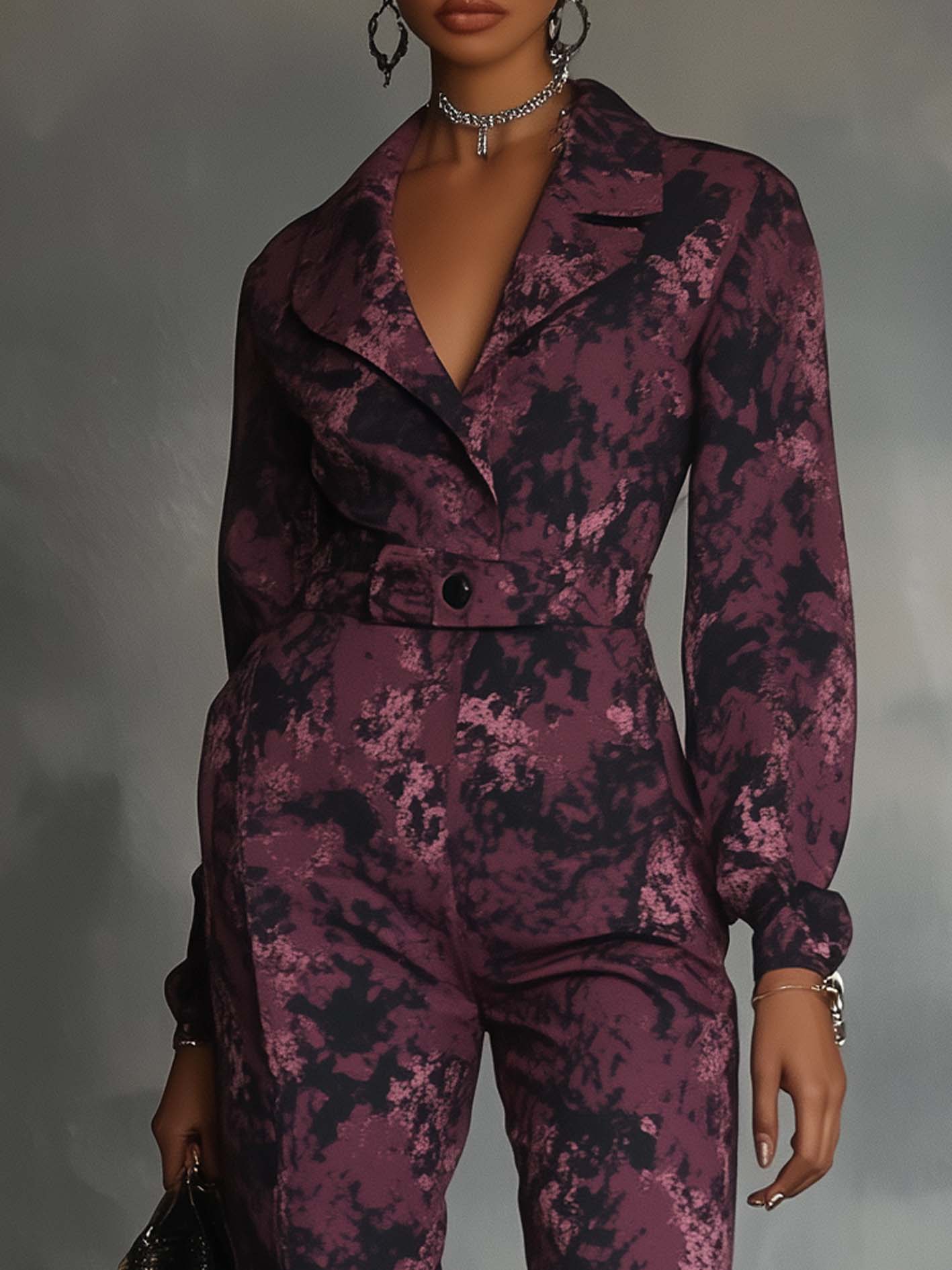 Dark Pink Jumpsuit With Black Camouflage Print