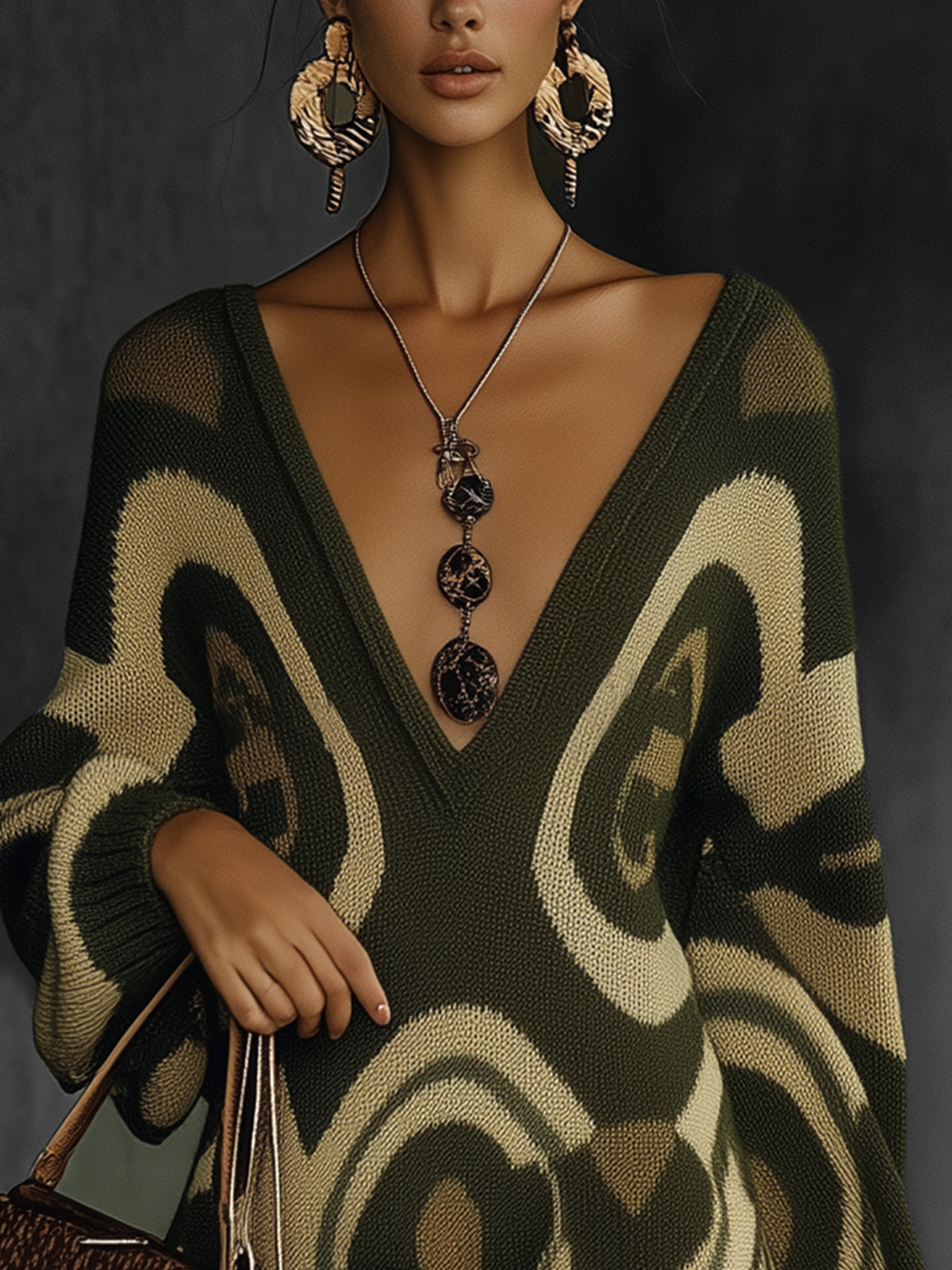 Olive Green Knit Sweater Dress With Abstract Beige Patterns
