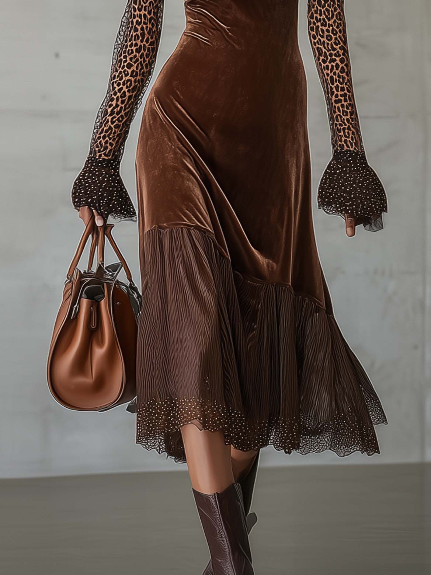 Chocolate Velvet Leopard Lace Patchwork Midi Dress
