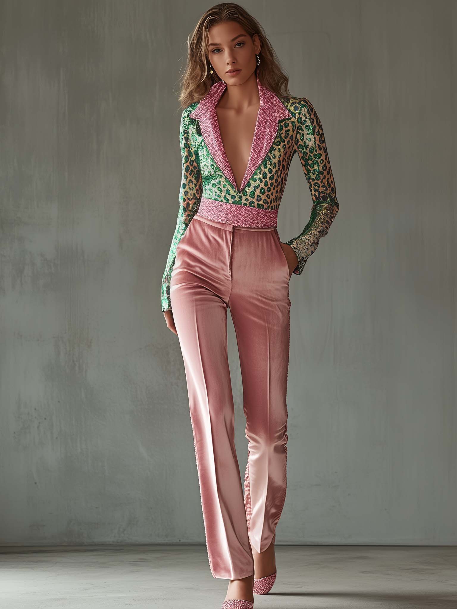 Pink Velvet Jumpsuit With Green Leopard Print And Belt