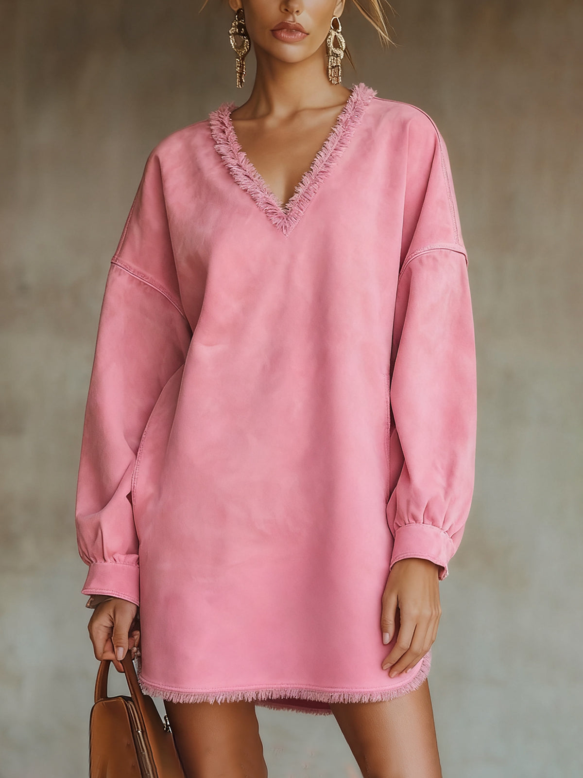 Pink Faux Suede V-Neck Mini Dress With Frayed Edges