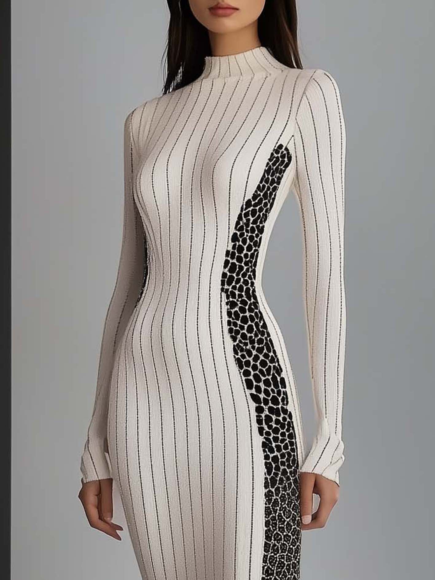 White Stretch Midi Bodycon Dress With Black Lines And Leopard Print