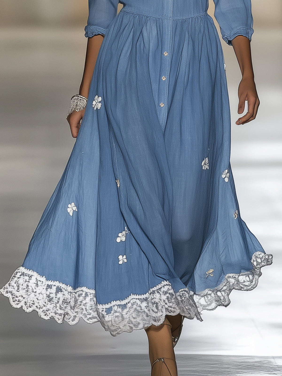 Blue Cotton Floral Embroidered Scalloped Collar 3/4 Sleeve Midi Dress