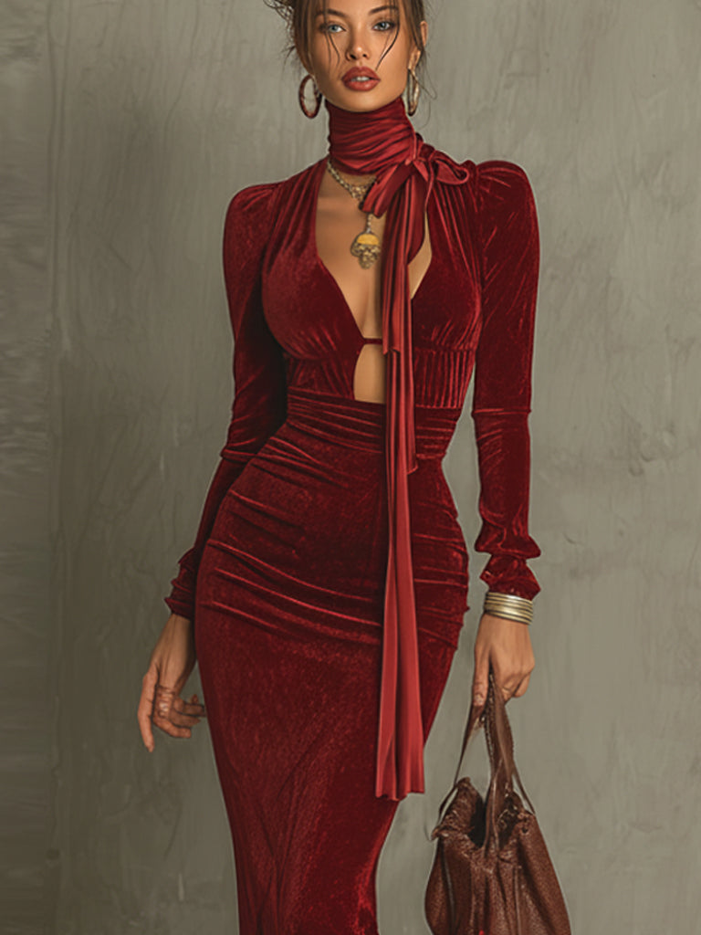 Red Velvet Deep V-Neck Mermaid Maxi Dress With Lace Skirt